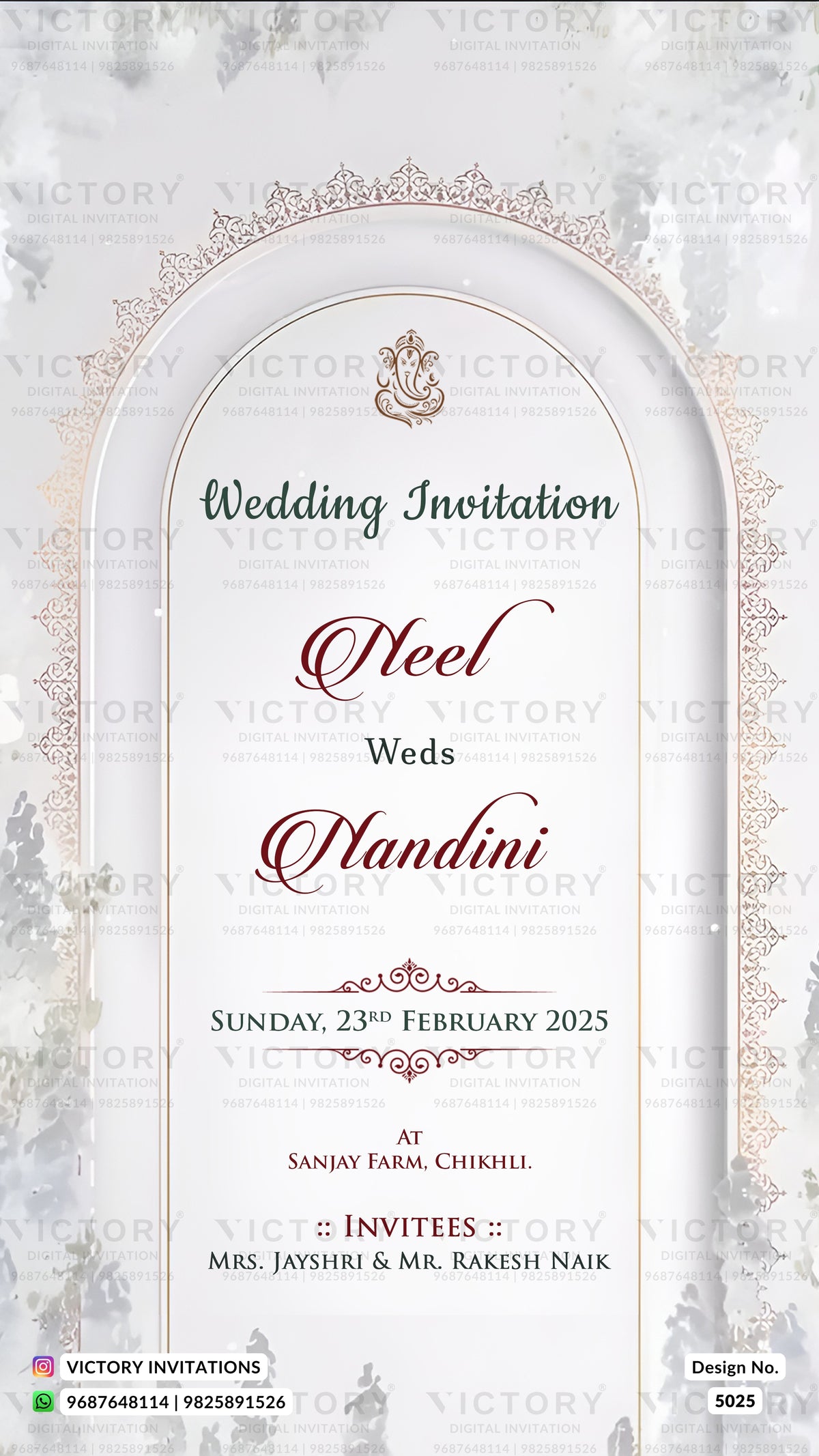 A digital wedding invitation card design featuring an elegant white arched frame with ornate gold borders and text. The text reads 'Wedding Invitation', 'Steel Weds Chandni', 'Sunday, 23rd February 2025', and details for the wedding at Sanjay Farm, Chikli.