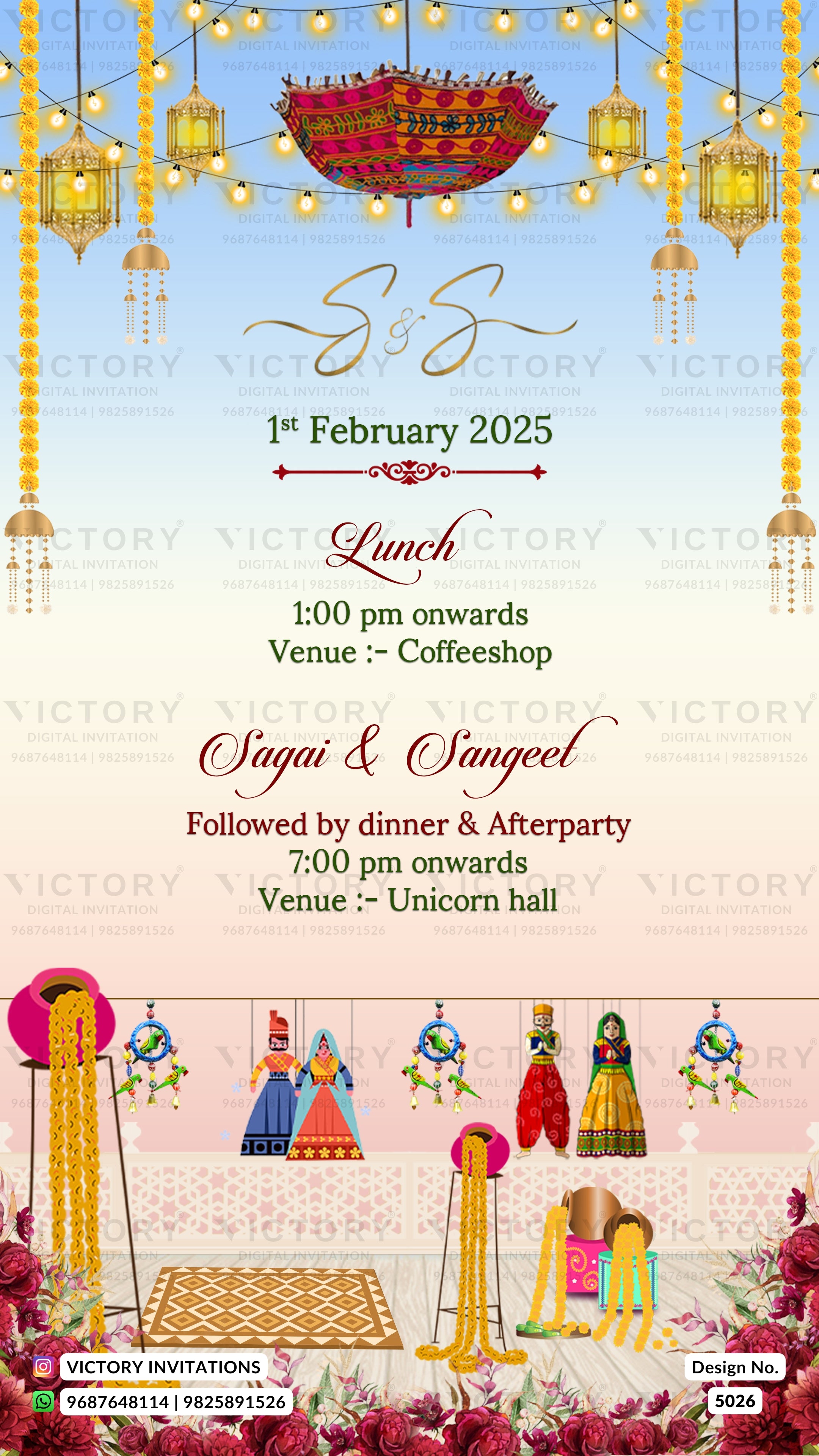 A festive wedding invitation template with a light blue and pink gradient background, decorated with hanging lanterns, string lights, traditional Indian clothing, and floral borders. The text details a lunch and subsequent dinner and afterparty schedule.