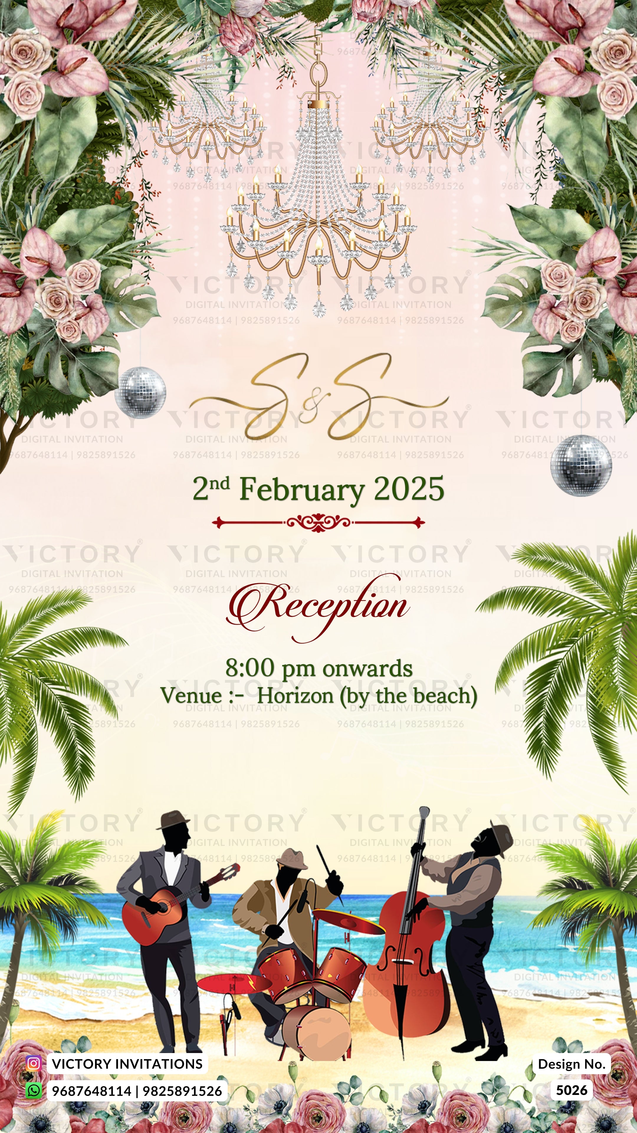 A square wedding reception invitation card featuring a tropical beach theme. The design has a light pink background with elegant gold and red script text for the event details, decorated with pink roses, green palm trees, and chandeliers at the top, and silhouettes of a band playing instruments on a beach at the bottom.