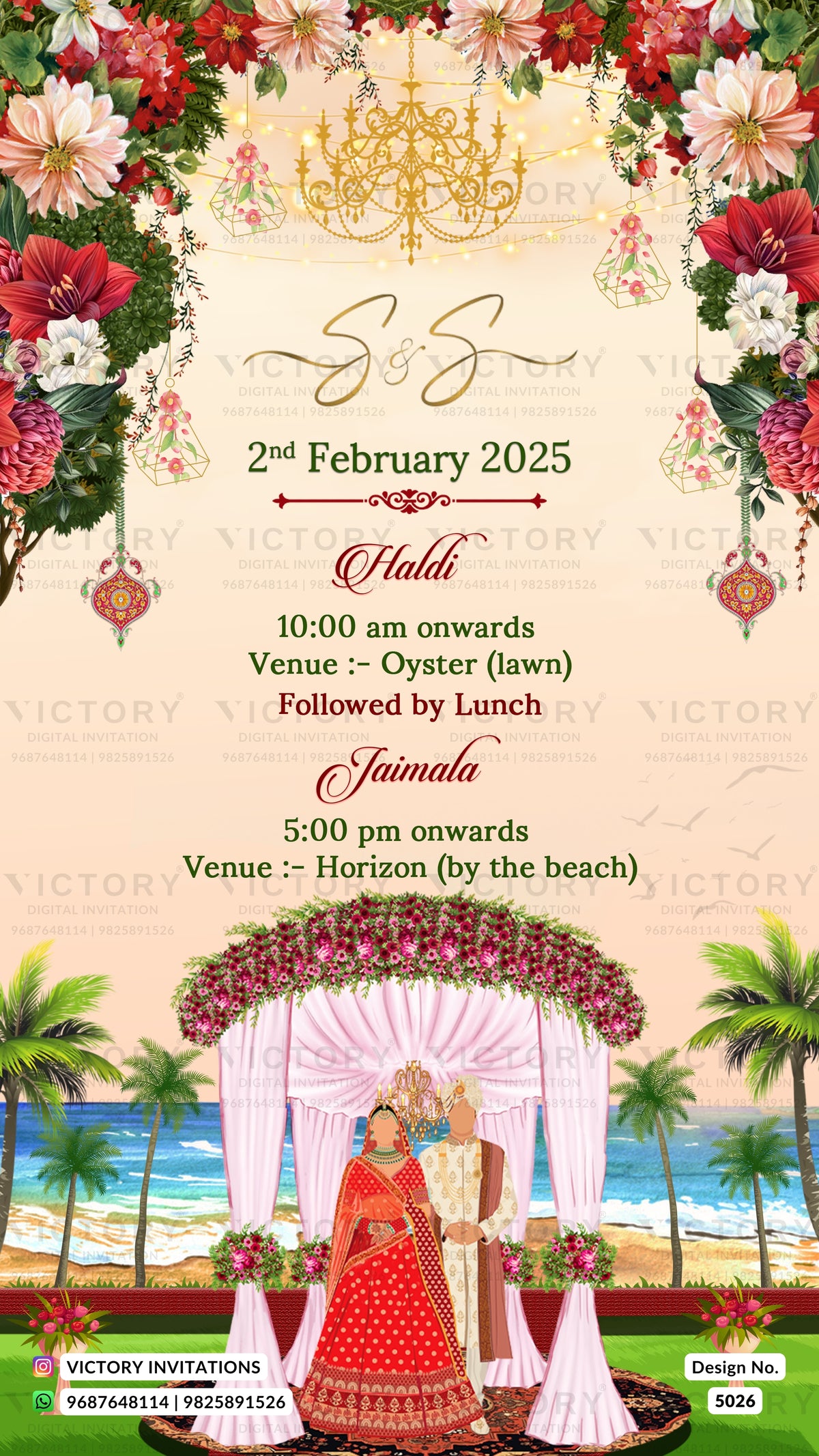 A digital invitation card for a wedding, featuring a beige background with elegant gold and green script. The top is decorated with a large floral arrangement and a golden chandelier illustration, while the bottom features an illustration of a bride and groom under a floral arch with a beach and palm tree backdrop.