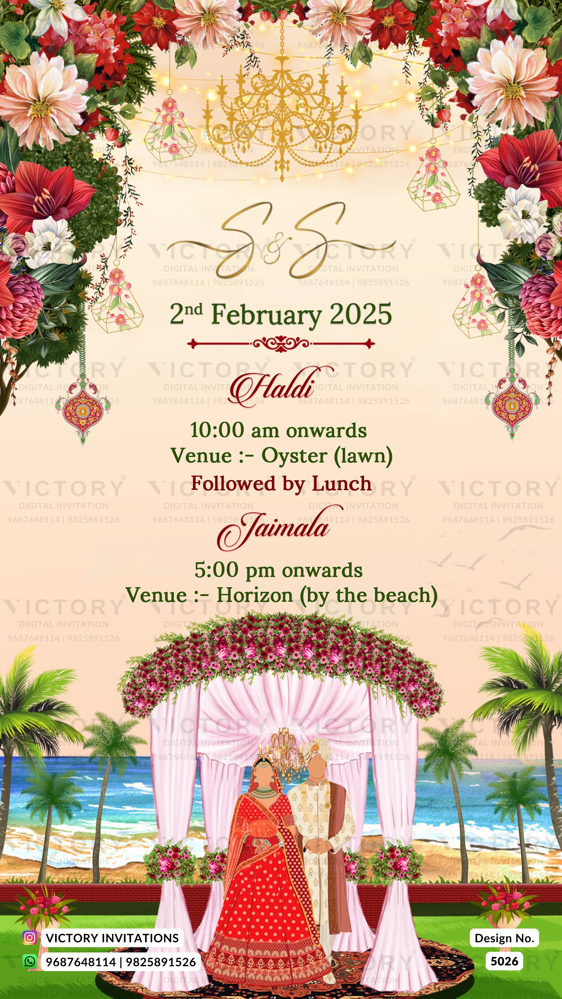 A digital invitation card for a wedding, featuring a beige background with elegant gold and green script. The top is decorated with a large floral arrangement and a golden chandelier illustration, while the bottom features an illustration of a bride and groom under a floral arch with a beach and palm tree backdrop.