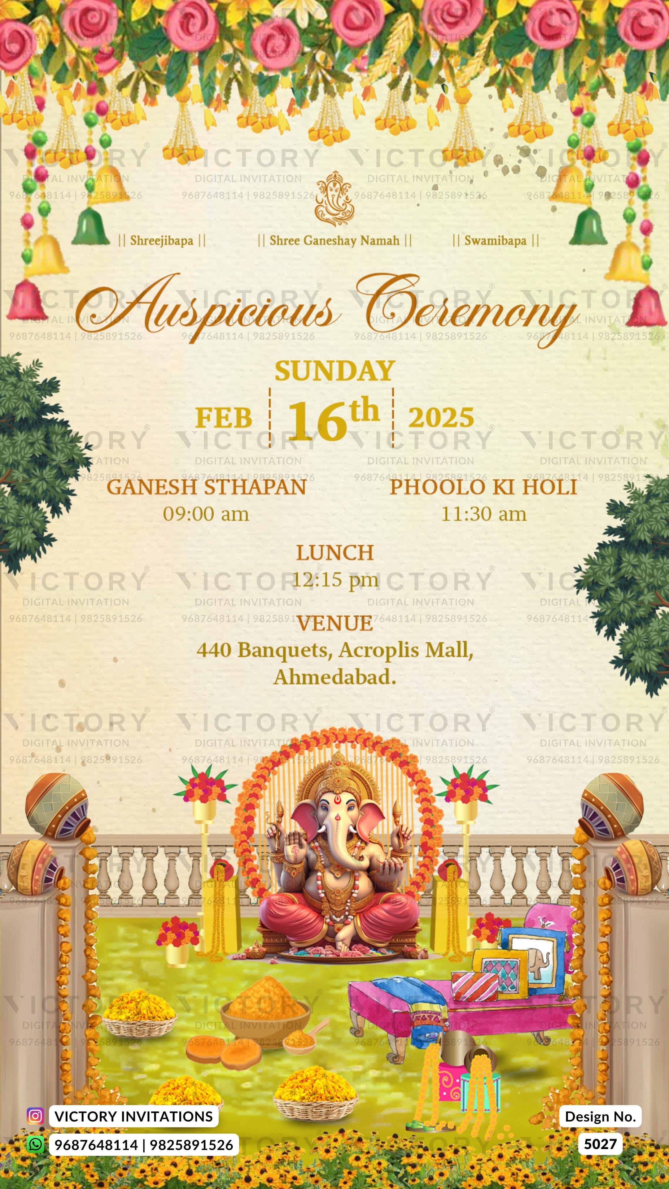 A festive Indian auspicious ceremony invitation card with a decorative floral garland border, hanging bells, and a central illustration of Lord Ganesha. The card features event details for a Sunday ceremony on February 16th, 2025, at Ganesh Stapan and Phoolo Ki Holi, with lunch at 12:15 pm, at the venue 440 Banquets, Acroplis Mall, Ahmedabad.