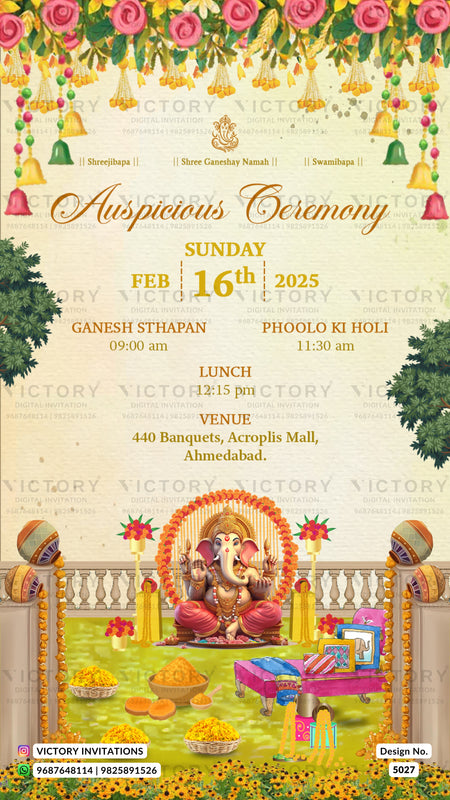 A festive Indian auspicious ceremony invitation card with a decorative floral garland border, hanging bells, and a central illustration of Lord Ganesha. The card features event details for a Sunday ceremony on February 16th, 2025, at Ganesh Stapan and Phoolo Ki Holi, with lunch at 12:15 pm, at the venue 440 Banquets, Acroplis Mall, Ahmedabad.