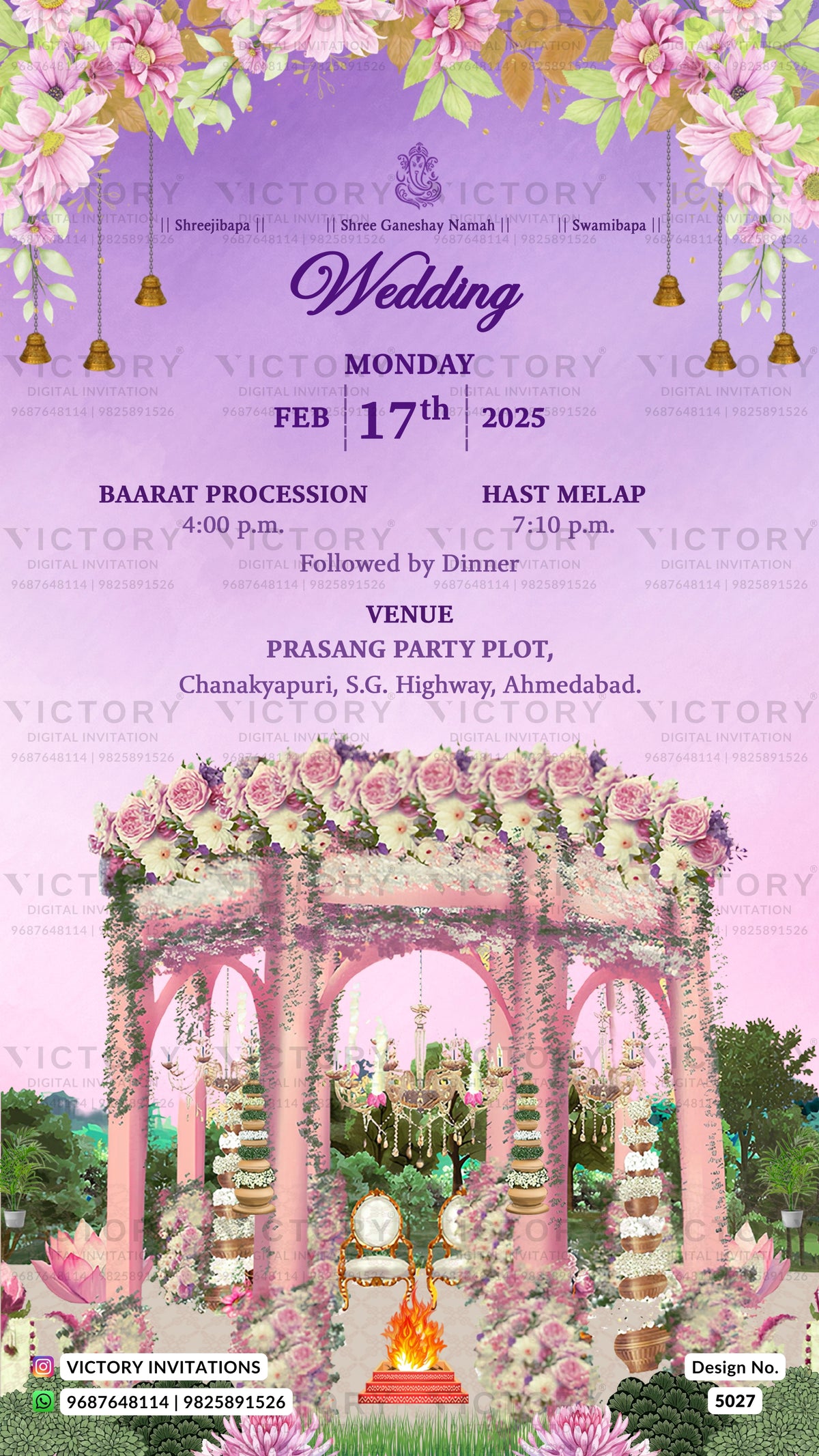A digital invitation card for a wedding, featuring a pink and purple theme with floral arches, hanging bells, and event details for a Monday wedding on February 17th, 2025, at Prasang PLOT, Chanakyaaput, S.G.