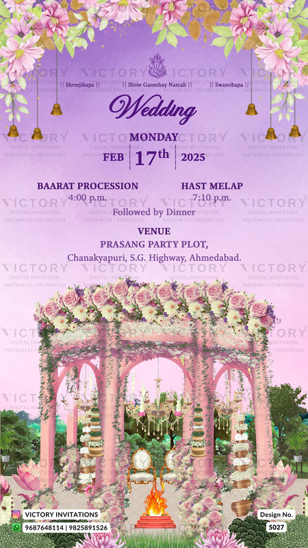 A digital invitation card for a wedding, featuring a pink and purple theme with floral arches, hanging bells, and event details for a Monday wedding on February 17th, 2025, at Prasang PLOT, Chanakyaaput, S.G.