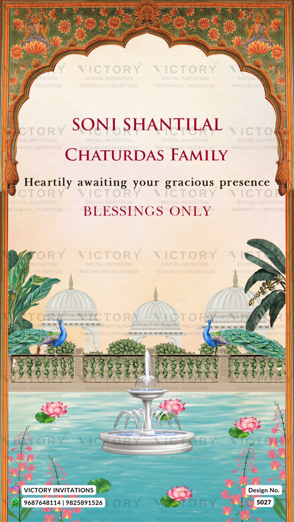 A decorative family event invitation card for 'Soni Shantilal Chaturdas Family' featuring an ornate arched frame, floral borders, and a scenic illustration of domes, peacocks, a fountain, and pink lotus flowers in the water. The card has a light cream background with red and black text, and is watermarked with 'VICTORY' diagonally.