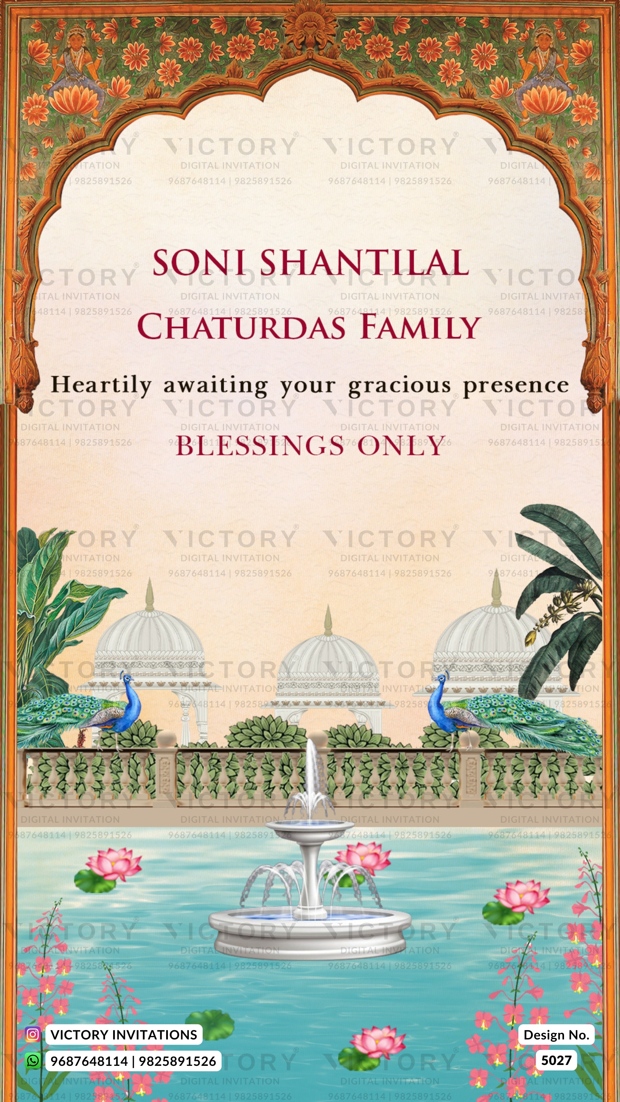 A decorative family event invitation card for 'Soni Shantilal Chaturdas Family' featuring an ornate arched frame, floral borders, and a scenic illustration of domes, peacocks, a fountain, and pink lotus flowers in the water. The card has a light cream background with red and black text, and is watermarked with 'VICTORY' diagonally.