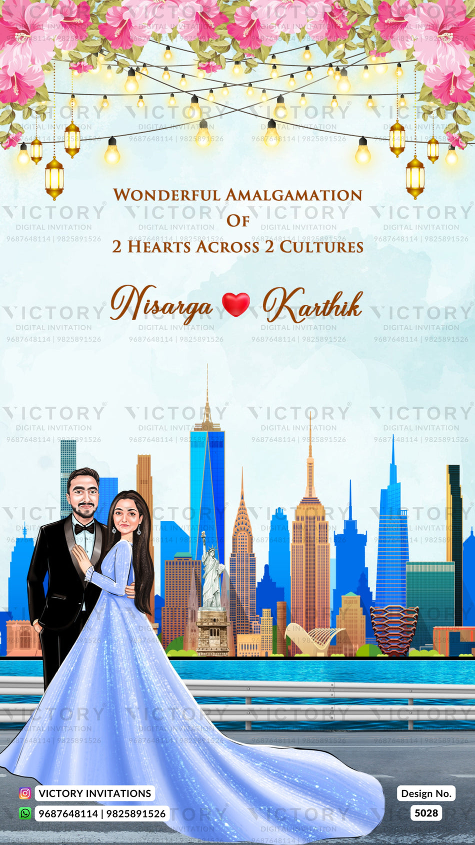 Royal couple caricature invitation card for wedding ceremony of south indian kannada family in english language with cityview theme design 5028