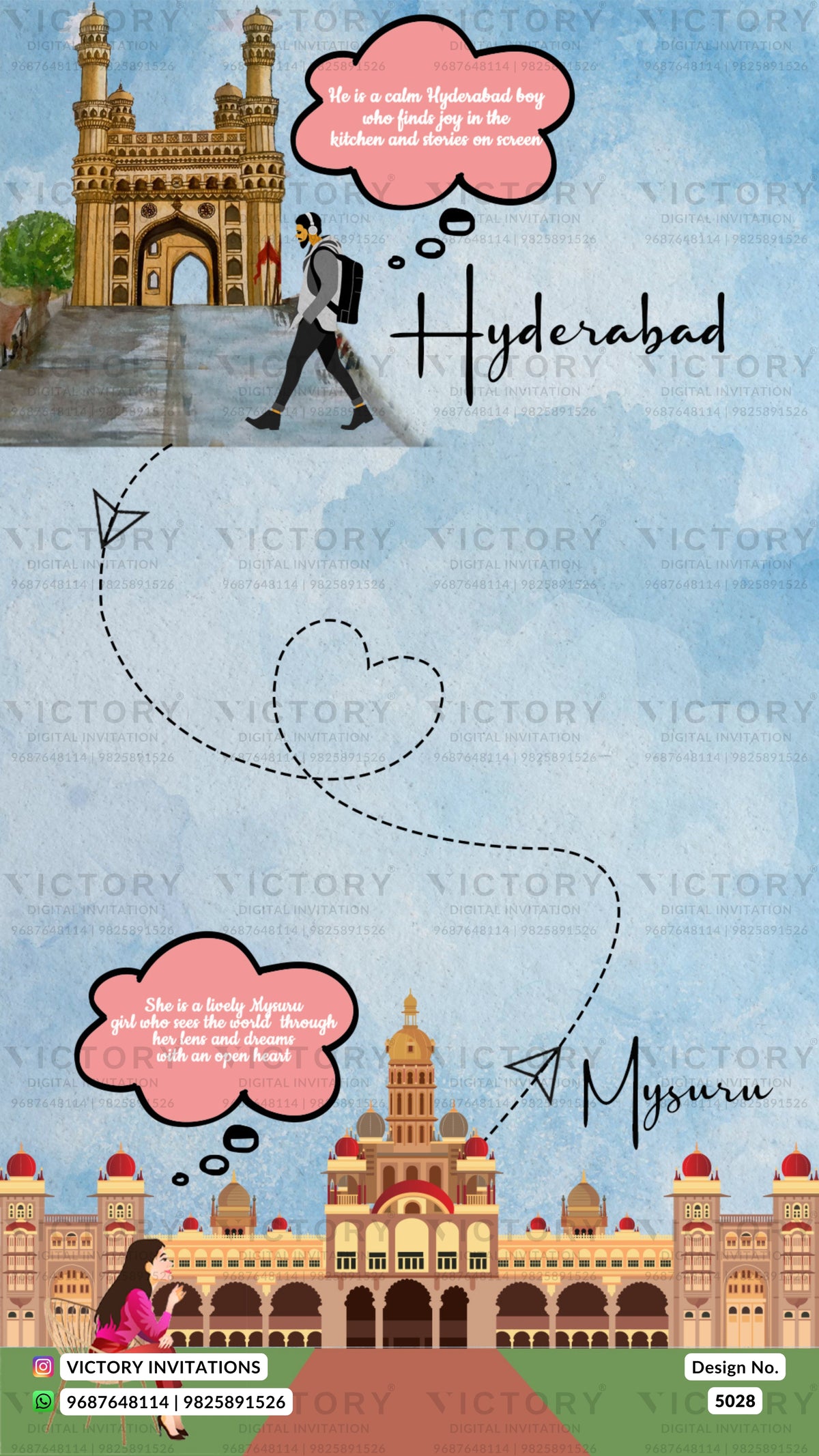 A travel-themed wedding invitation design featuring an illustrated journey from Hyderabad to Mysuru. The top section shows a man walking in front of the Hyderabad Gateway with a pink thought bubble.