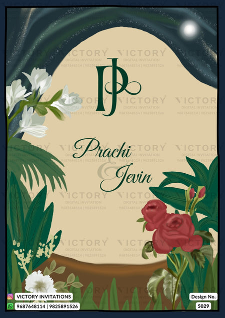 Custom wedding invitation card design featuring a cream central arch, dark green script text reading 'Prachi & Jevin', a monogram 'JP' at the top, and botanical illustrations including white flowers, green leaves, and red roses. Watermarked with 'VICTORY INVITATIONS' and includes design number 5029.