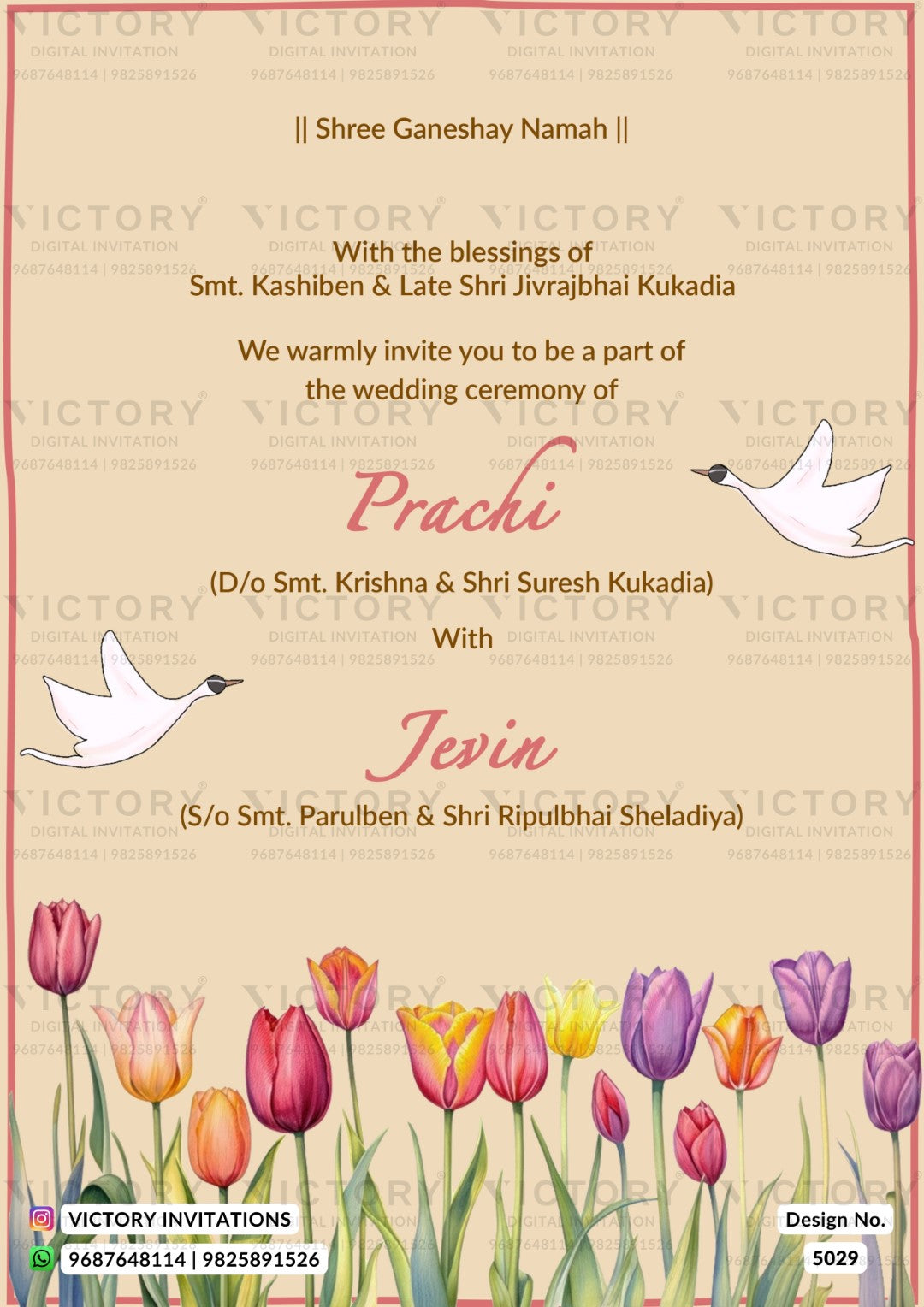 A digital Shree Ganeshay Namah wedding invitation card design by Victory Invitations, featuring a beige background with elegant black text, pink script names 'Prachi' and 'Jevin', white doves, and a colorful row of tulips at the bottom.