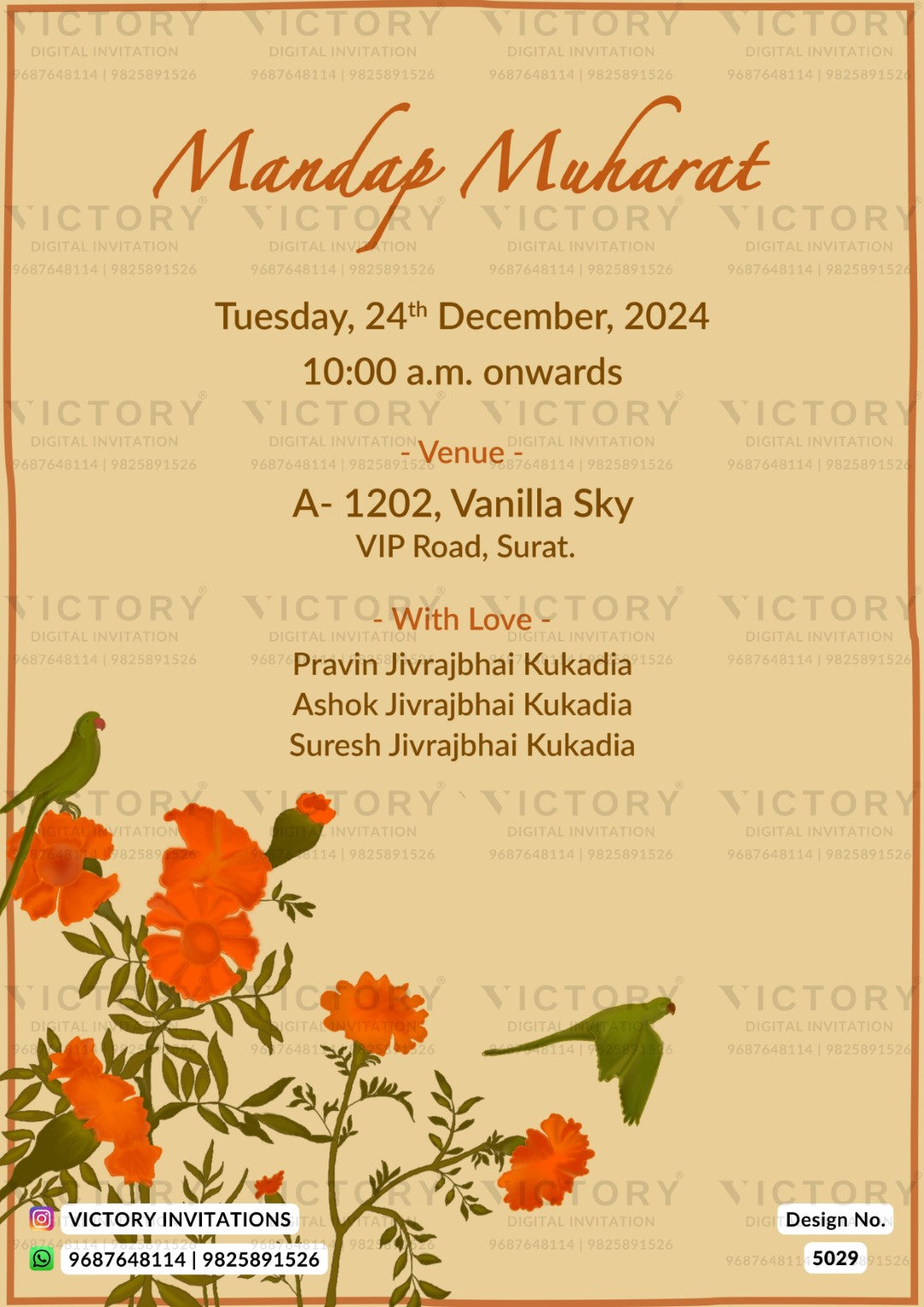 A festive Mandap Muharat event invitation card with a beige background, orange text, and illustrations of orange flowers and green birds along the bottom. The card includes event details for Tuesday, 24th December, 2024, at 10:00 a.