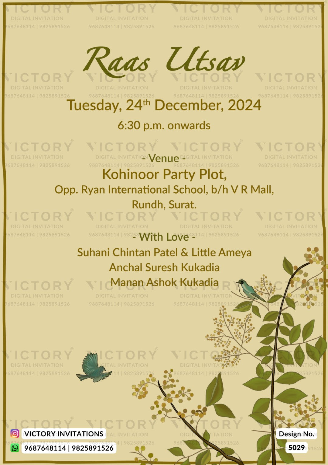 A digital invitation card for a 'Raas Utsav' event, featuring a warm beige background with a thin dark border, elegant green typography, and botanical illustrations of leaves and birds along the bottom right.