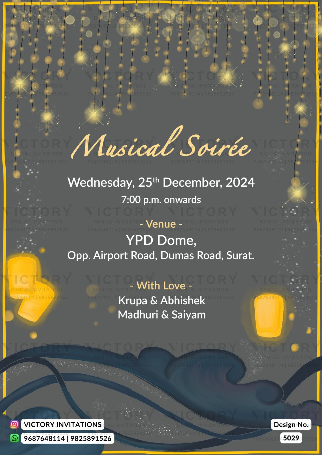 A digital invitation card for a 'Musical Soirée' on Wednesday, 25th December, 2024, at 7:00 p.m.