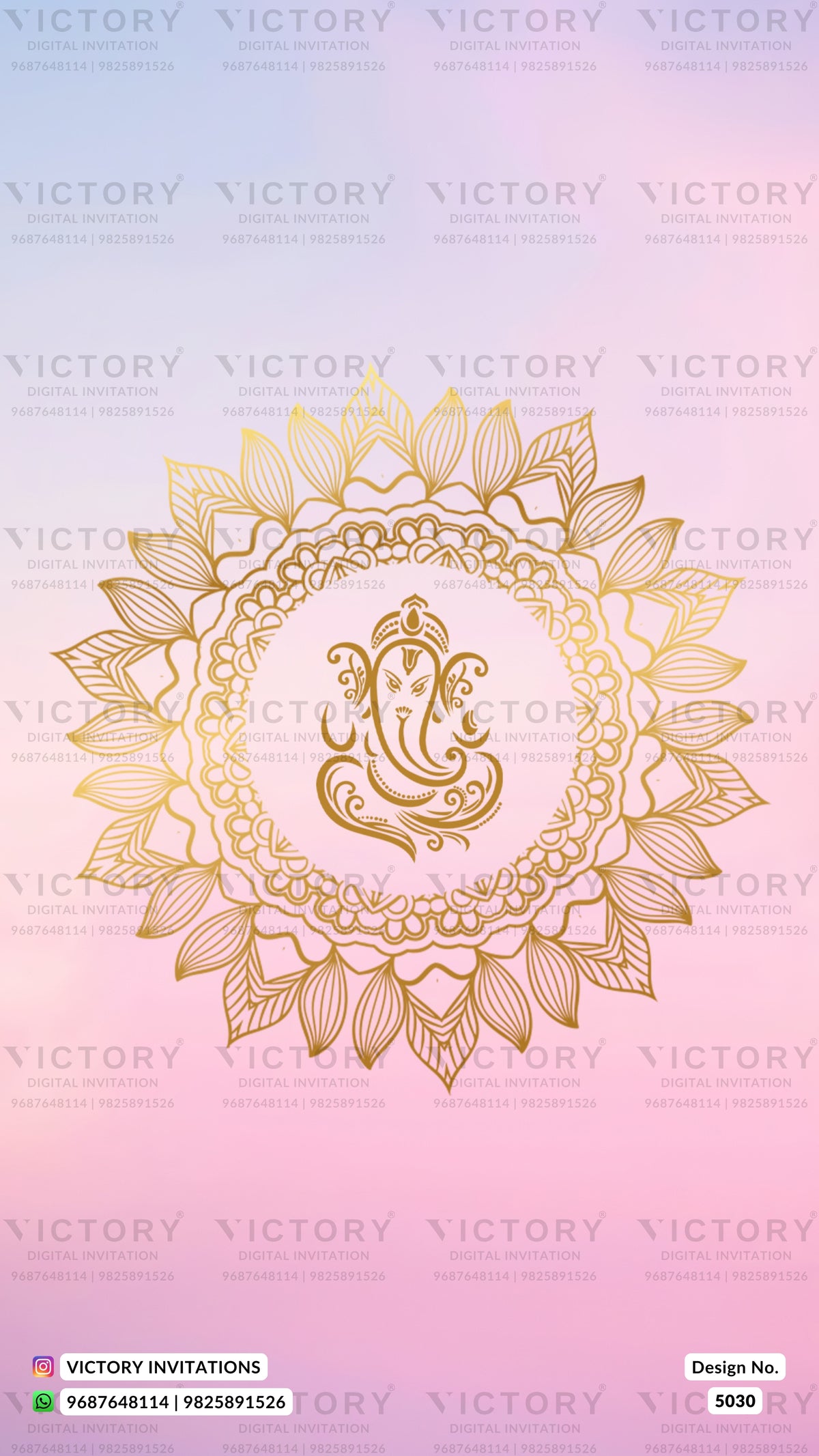 Gold mandala design with a central Ganesha motif on a pink and purple gradient background, with repeated 'VICTORY' watermarks and a 'VICTORY INVITATIONS' footer.