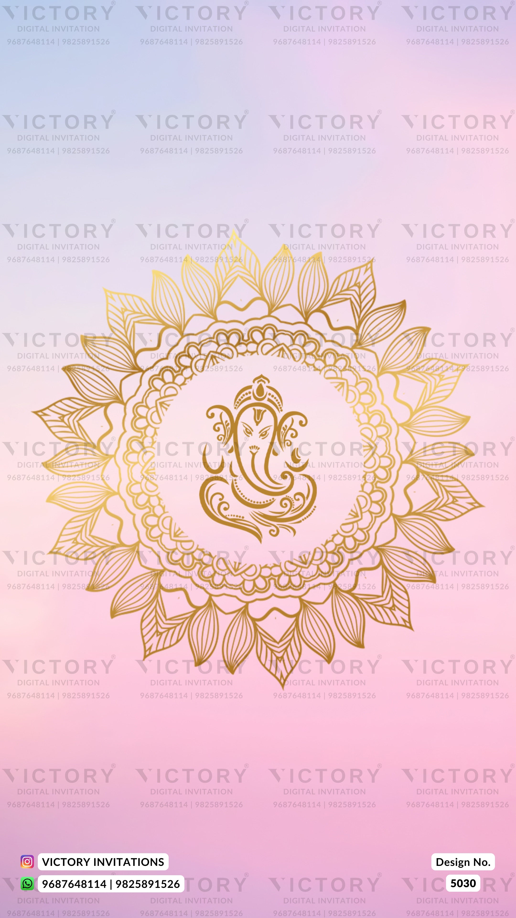 Gold mandala design with a central Ganesha motif on a pink and purple gradient background, with repeated 'VICTORY' watermarks and a 'VICTORY INVITATIONS' footer.