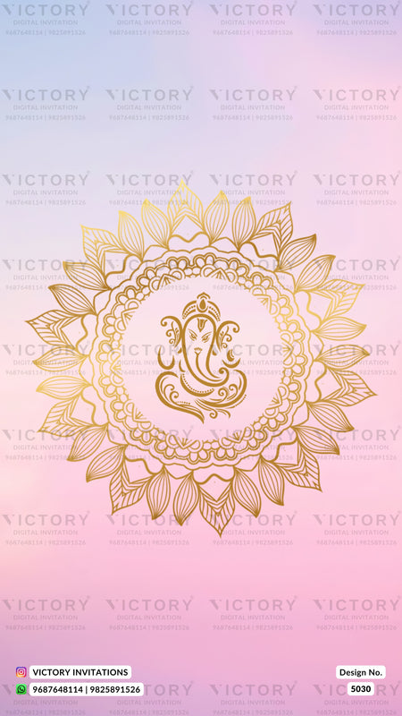 Gold mandala design with a central Ganesha motif on a pink and purple gradient background, with repeated 'VICTORY' watermarks and a 'VICTORY INVITATIONS' footer.