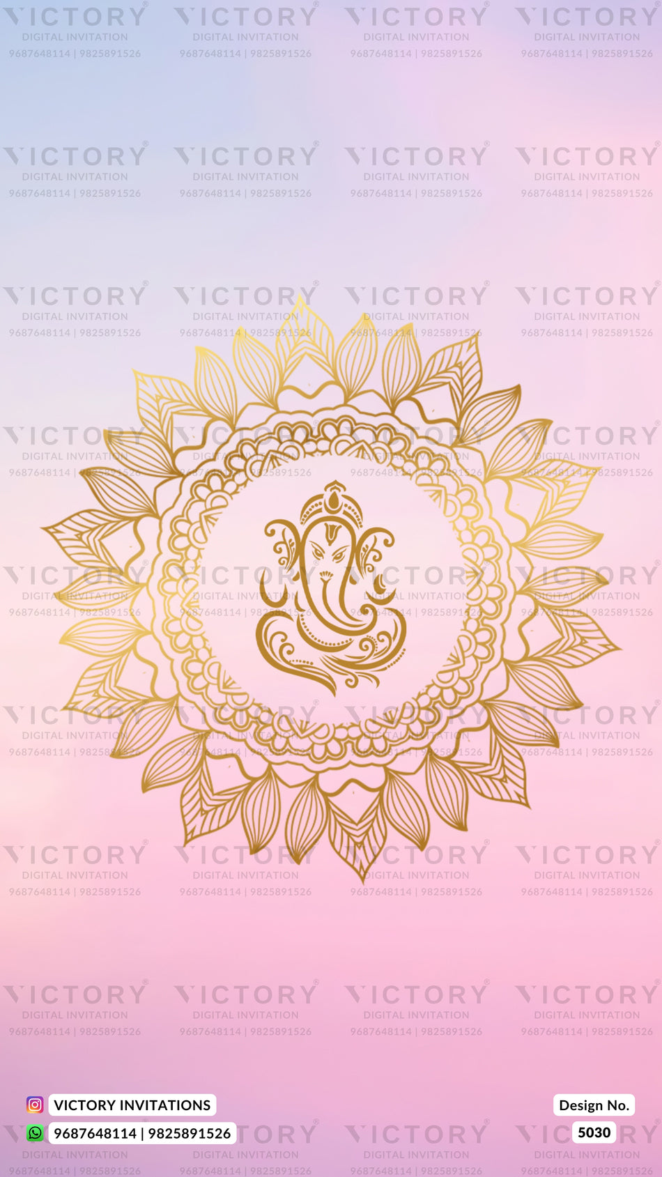 Gold mandala design with a central Ganesha motif on a pink and purple gradient background, with repeated 'VICTORY' watermarks and a 'VICTORY INVITATIONS' footer.