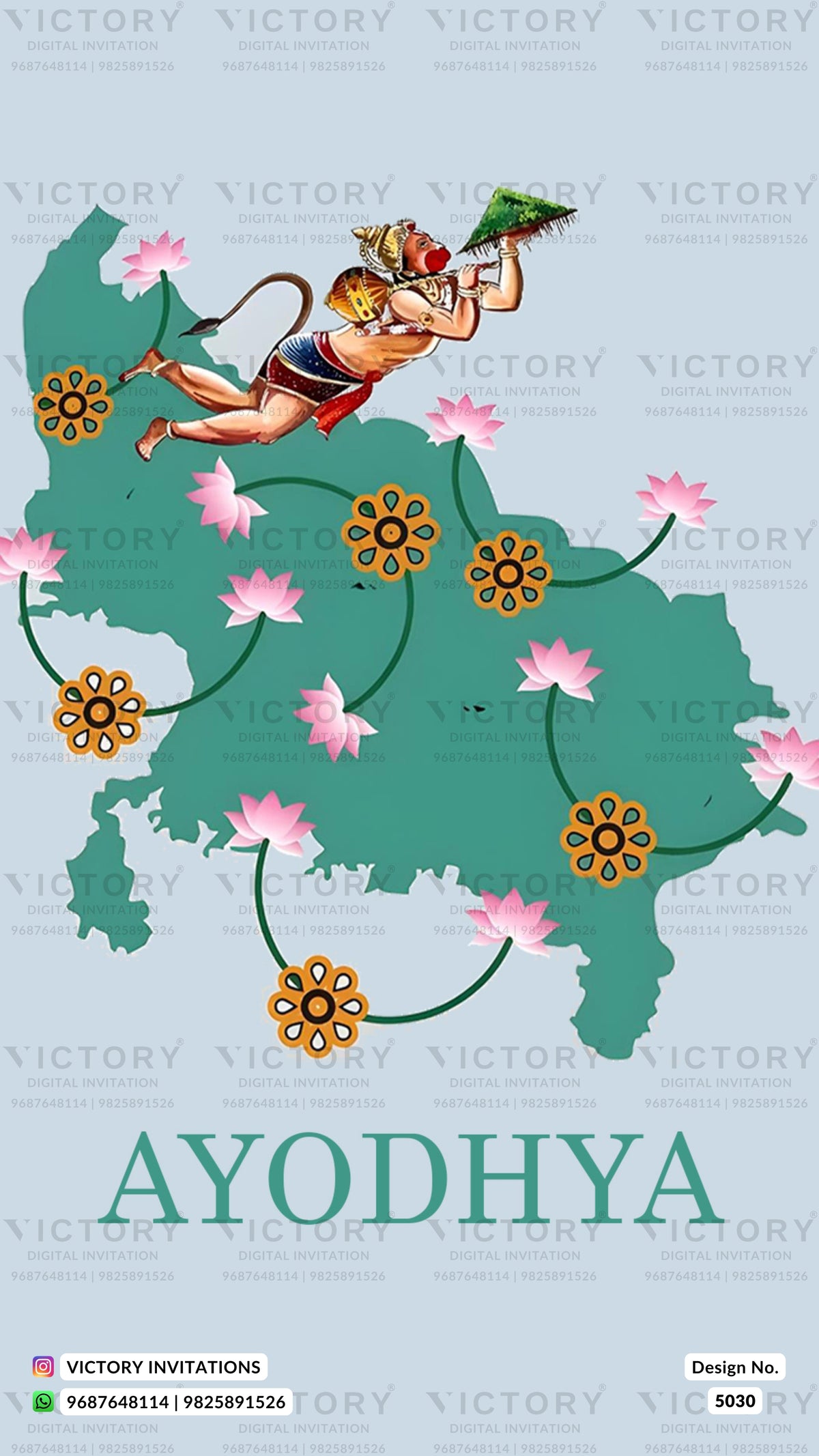 A digital invitation card design featuring a stylized map of Ayodhya in teal green, decorated with pink lotus flowers, gold sun motifs, and a cartoon depiction of Lord Hanuman. The word 'AYODHYA' is written in teal at the bottom, with 'VICTORY INVITATIONS' watermarked across the image.