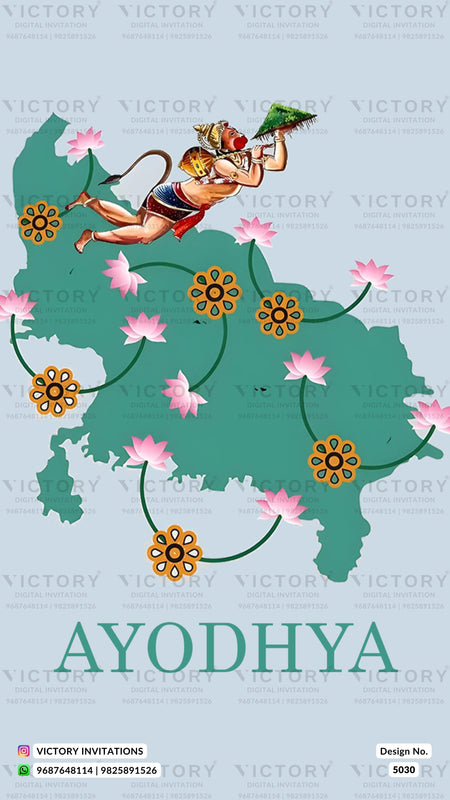 A digital invitation card design featuring a stylized map of Ayodhya in teal green, decorated with pink lotus flowers, gold sun motifs, and a cartoon depiction of Lord Hanuman. The word 'AYODHYA' is written in teal at the bottom, with 'VICTORY INVITATIONS' watermarked across the image.