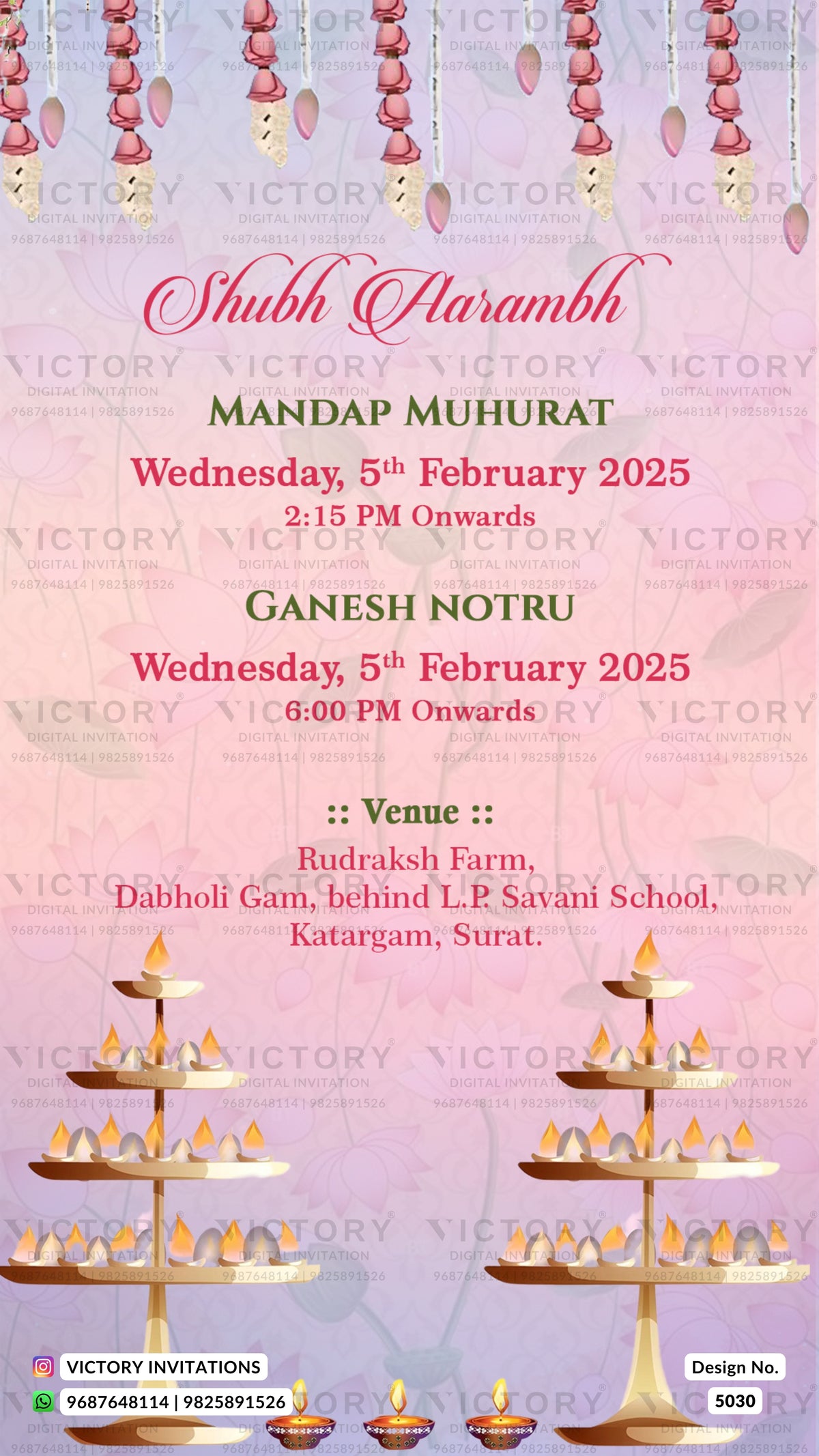 A festive Shubh Harambh invitation card for Mandap Mhurat and Ganesh Notru events on Wednesday, 5th and 2nd February 2025. The design features a soft pink and purple gradient background with hanging marigold garlands, tiered brass lamp stands, and small oil lamps (diyas).