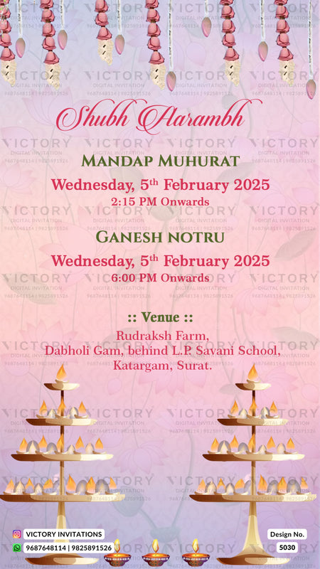 A festive Shubh Harambh invitation card for Mandap Mhurat and Ganesh Notru events on Wednesday, 5th and 2nd February 2025. The design features a soft pink and purple gradient background with hanging marigold garlands, tiered brass lamp stands, and small oil lamps (diyas).