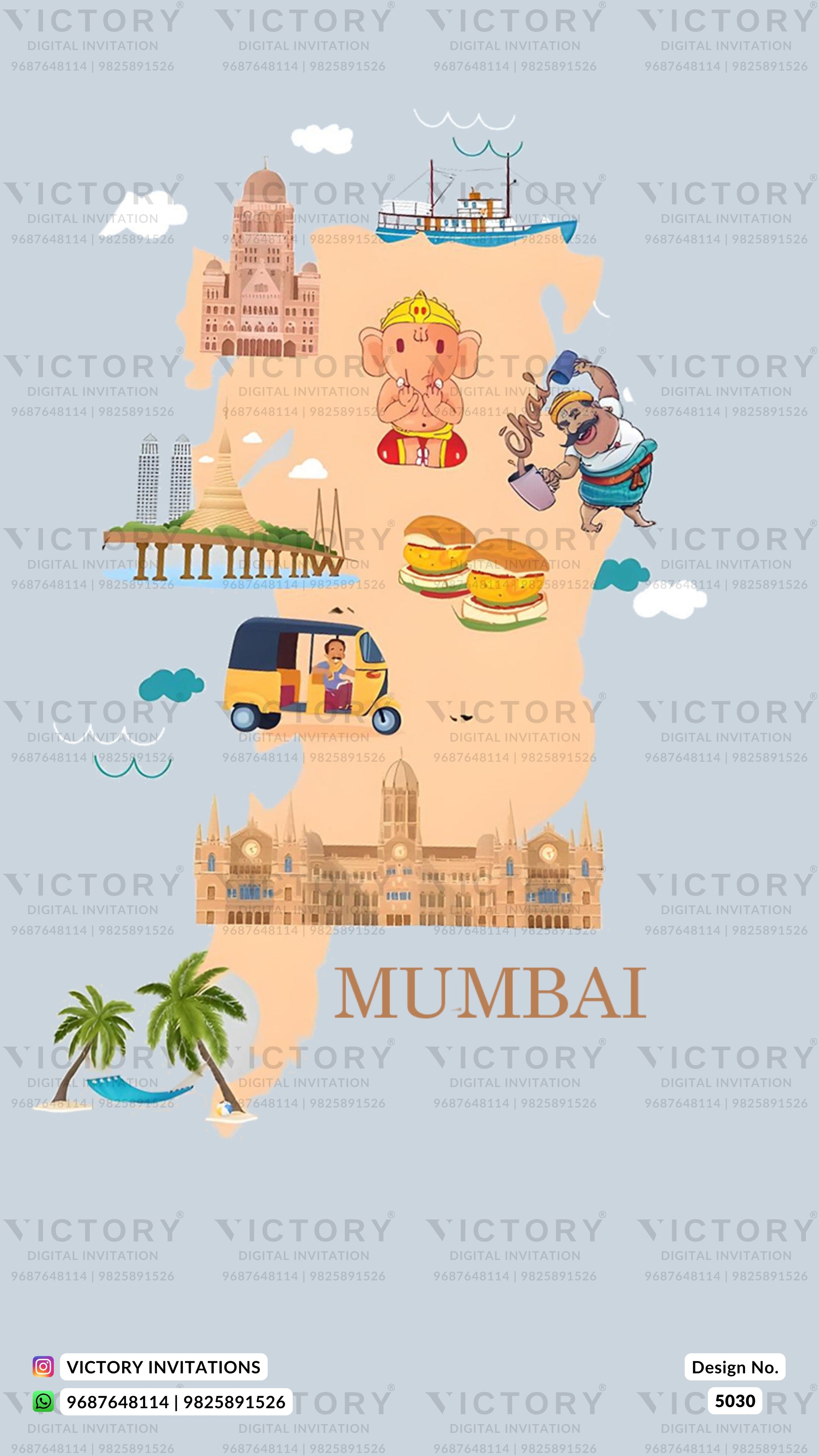 A travel-themed illustrated map of Mumbai on a light blue background, with cartoon landmarks, Ganesha, an auto-rickshaw, burgers, a boat, clouds, and the word MUMBAI. Repeated 'VICTORY' watermarks appear across the design, along with a small 'VICTORY Invitations' mark and 'Design No.