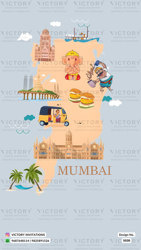 A travel-themed illustrated map of Mumbai on a light blue background, with cartoon landmarks, Ganesha, an auto-rickshaw, burgers, a boat, clouds, and the word MUMBAI. Repeated 'VICTORY' watermarks appear across the design, along with a small 'VICTORY Invitations' mark and 'Design No.