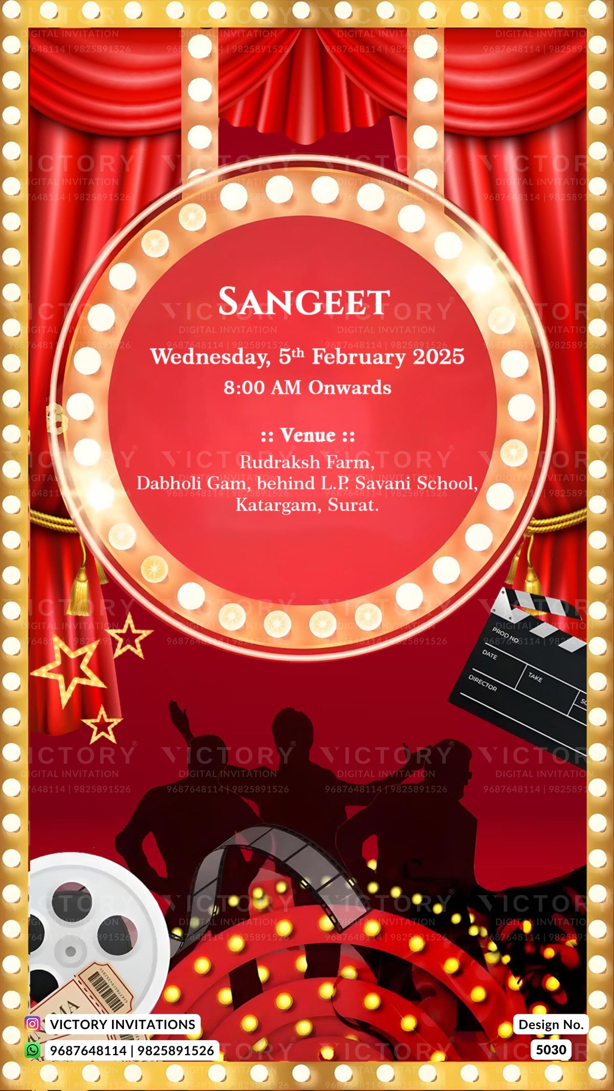 A red and gold theatrical event invitation card for 'SANGEET' with marquee lights, red curtains, silhouettes of performers, a clapperboard, film reels, and event text on a black background.