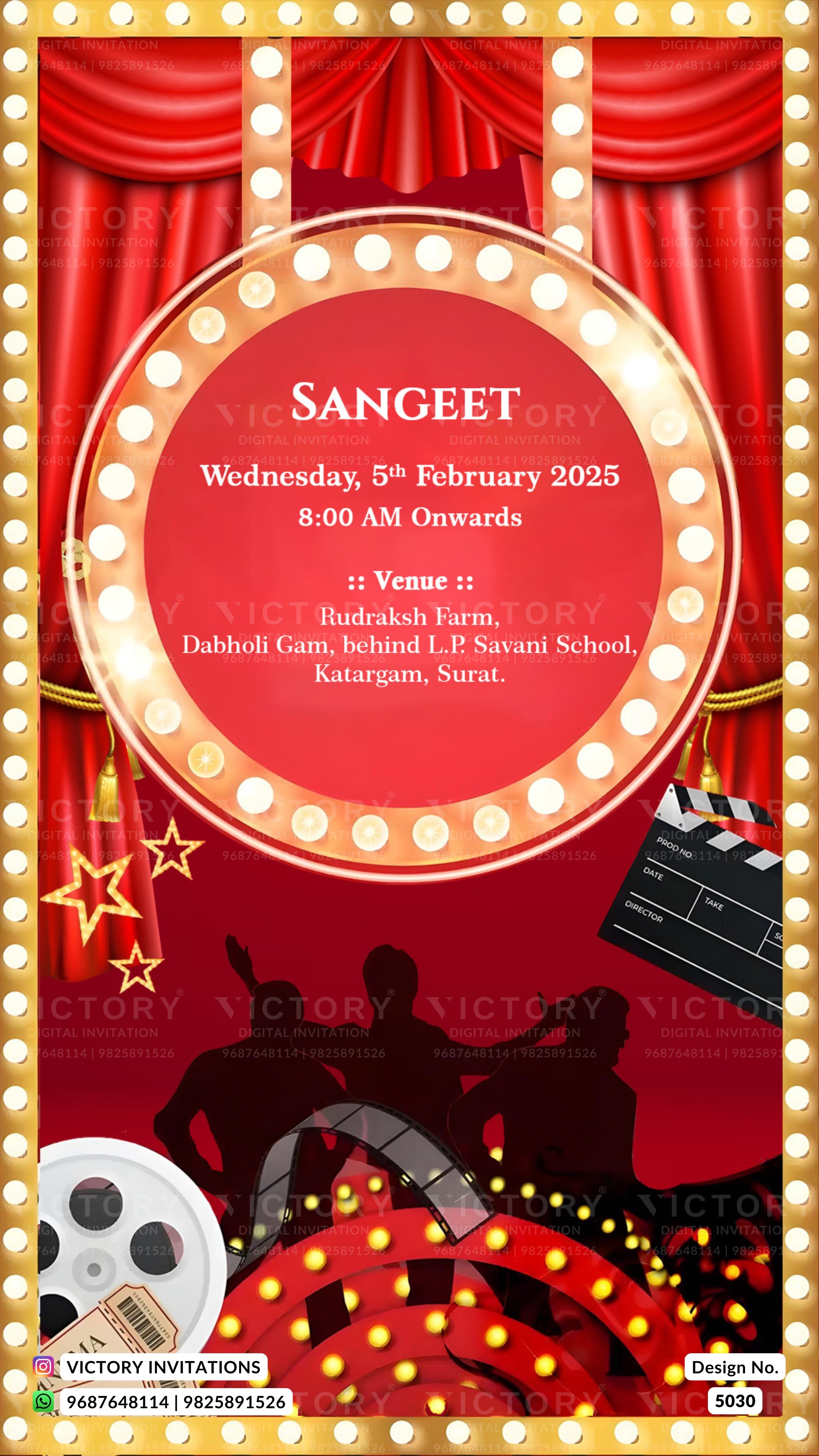 A red and gold theatrical event invitation card for 'SANGEET' with marquee lights, red curtains, silhouettes of performers, a clapperboard, film reels, and event text on a black background.