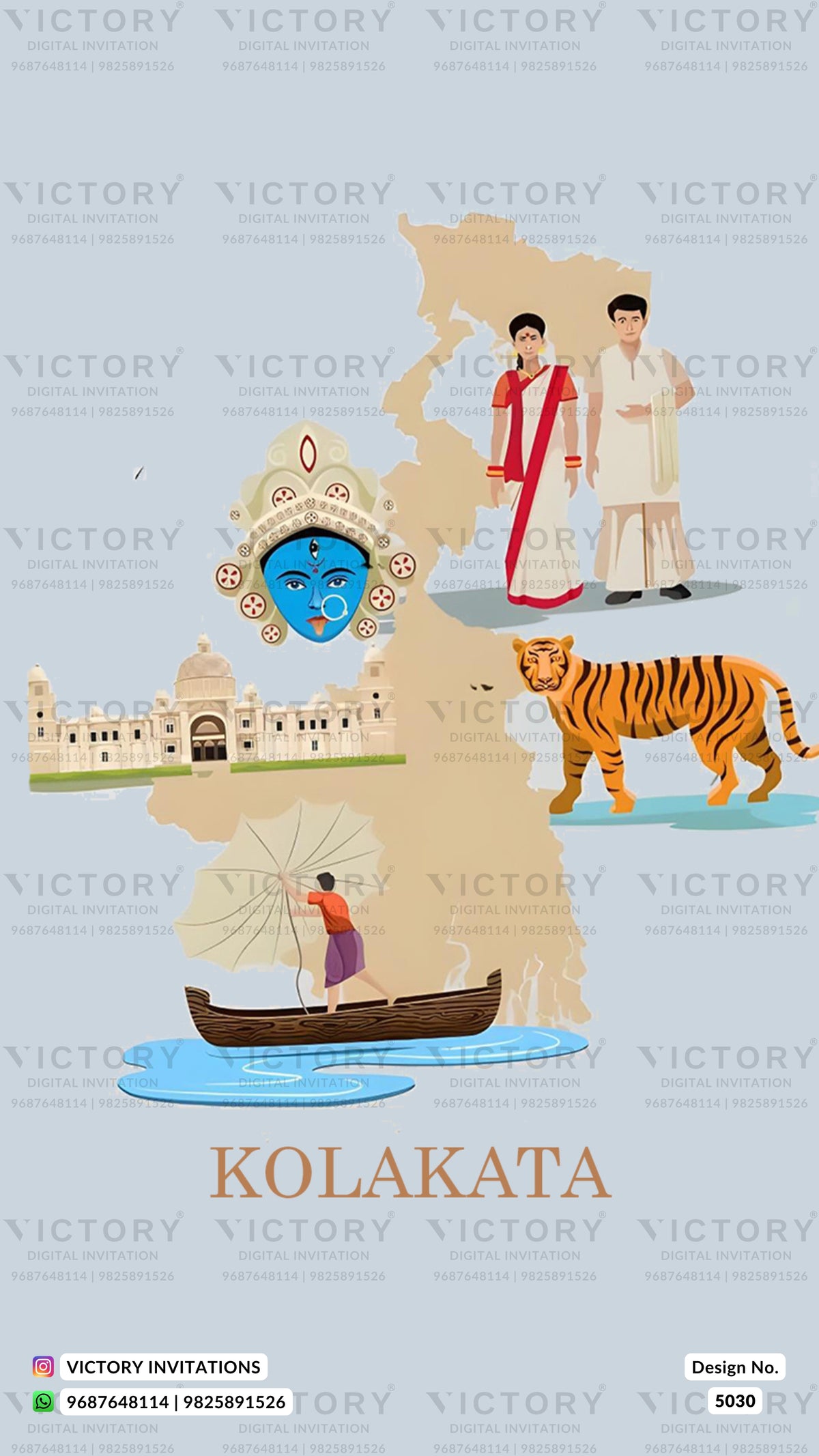 A stylized travel poster of Kolakata, India, featuring a beige map silhouette with illustrated landmarks and figures. The design includes a blue-faced deity head, a woman in a red saree, a man in traditional white clothing, a tiger, a boat scene, and the text 'KOLAKATA' at the bottom.