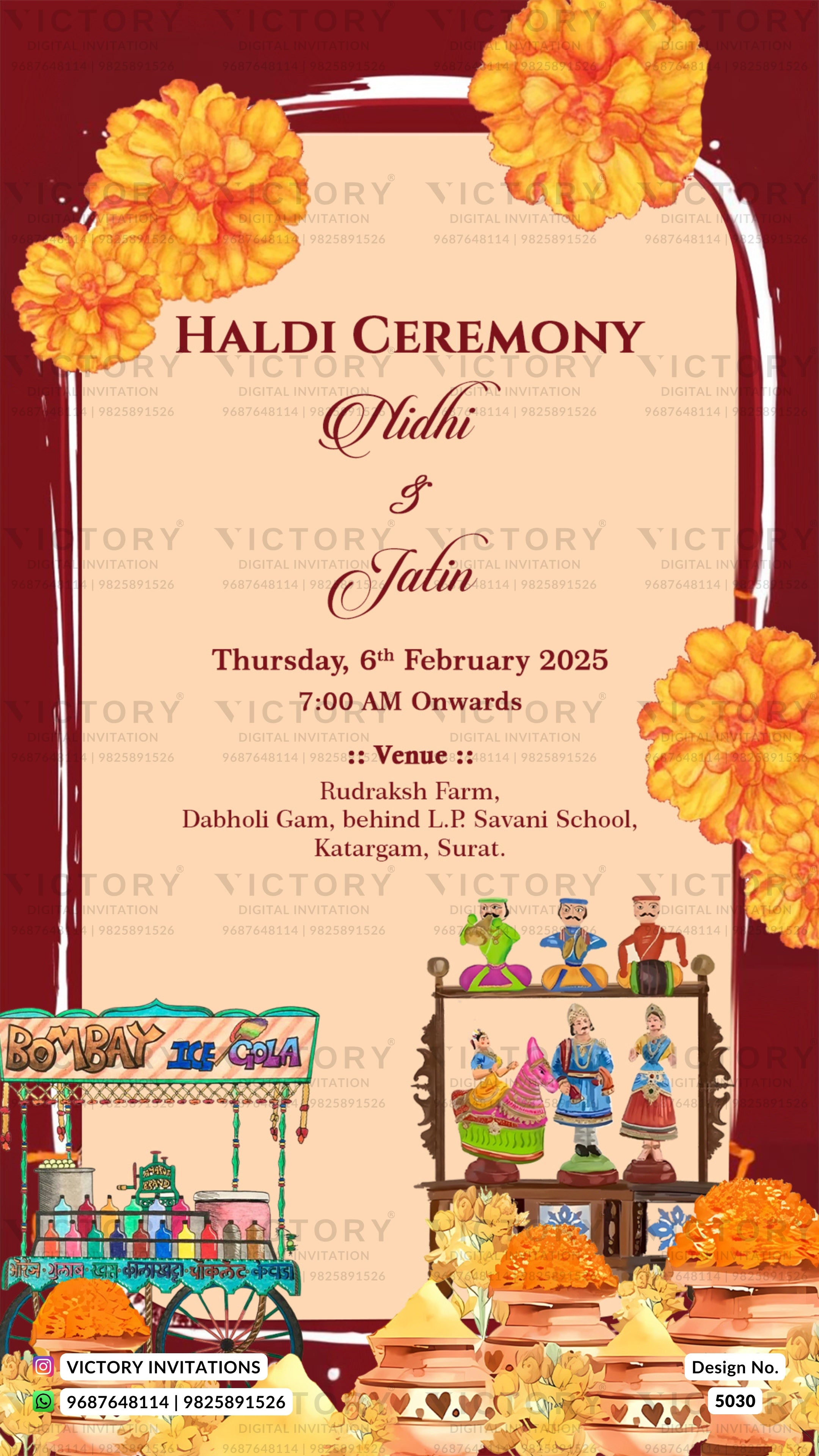 A digital invitation card design for a Haldi Ceremony, featuring a beige central panel with event details, framed by a dark red border with yellow marigold flowers. The bottom includes traditional Indian decorative elements, a 'Bombay Ice Tea' cart, and a display of colorful painted figurines.