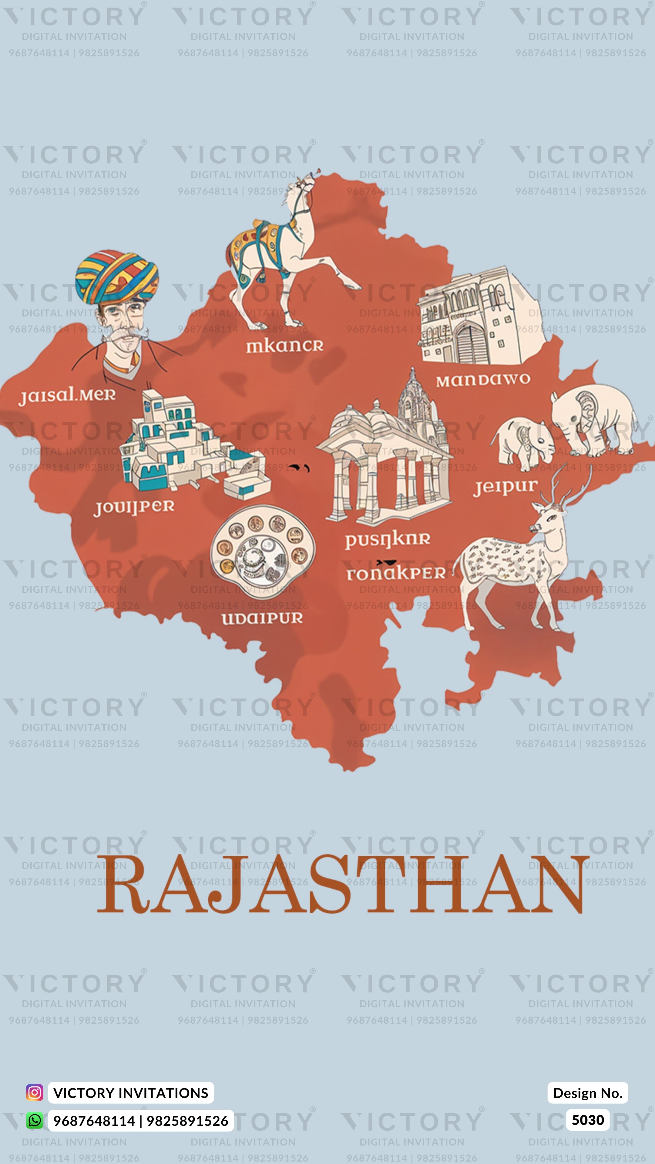 A Rajasthan travel map poster design with illustrated landmarks and cultural icons in orange, brown, and beige tones on a light blue background, with the word 'RAJASTHAN' at the bottom. Faint 'VICTORY' watermarks are visible across the image.