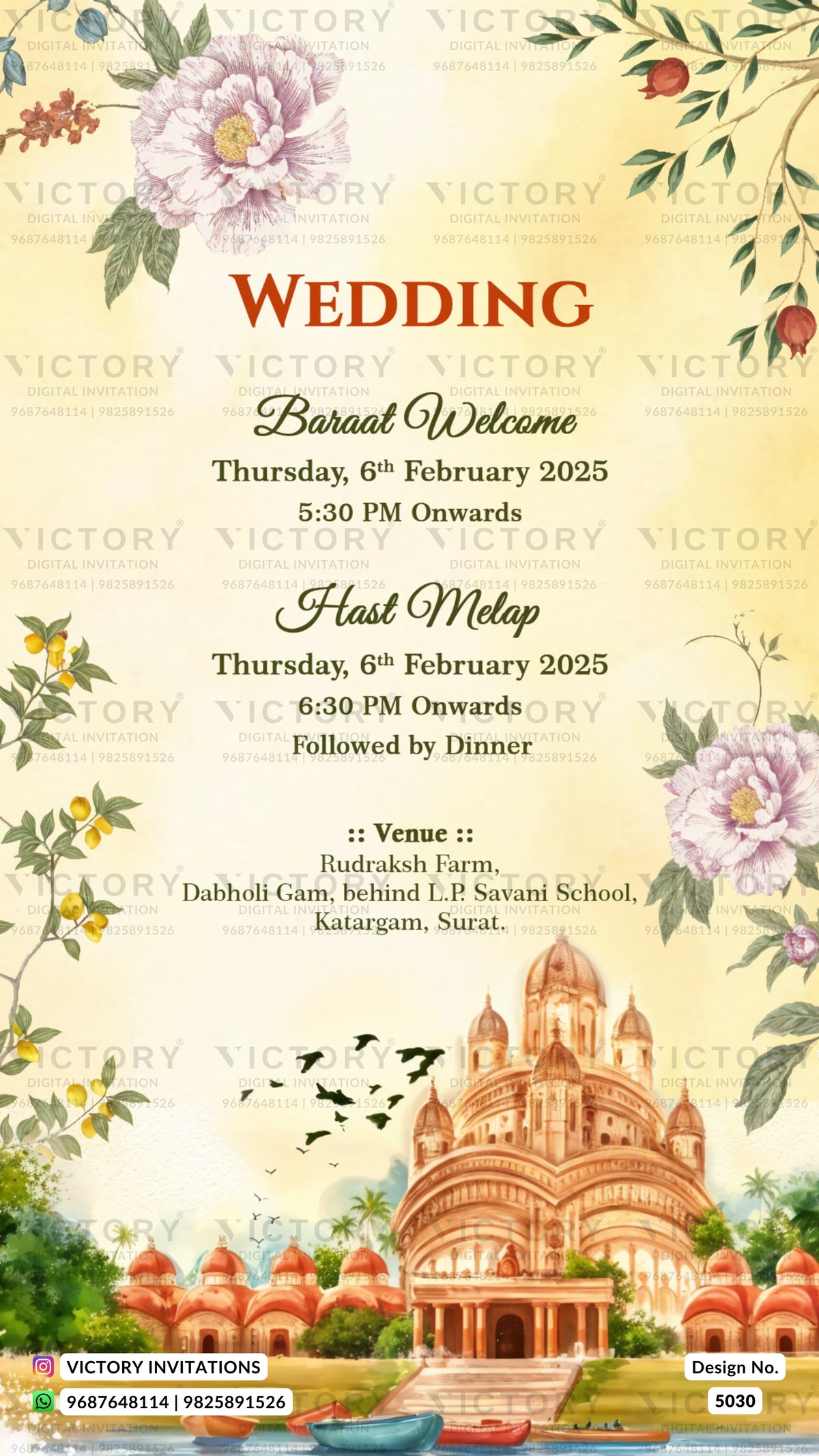 A wedding baraat welcome invitation card with a cream-colored background, watercolor floral decorations in the corners, and an illustration of a red-orange temple. The text details the event date, time, venue, and host melop.