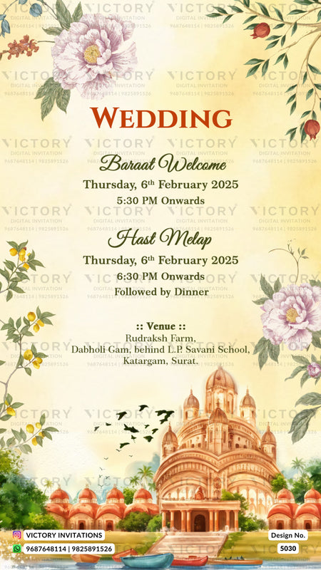 A wedding baraat welcome invitation card with a cream-colored background, watercolor floral decorations in the corners, and an illustration of a red-orange temple. The text details the event date, time, venue, and host melop.
