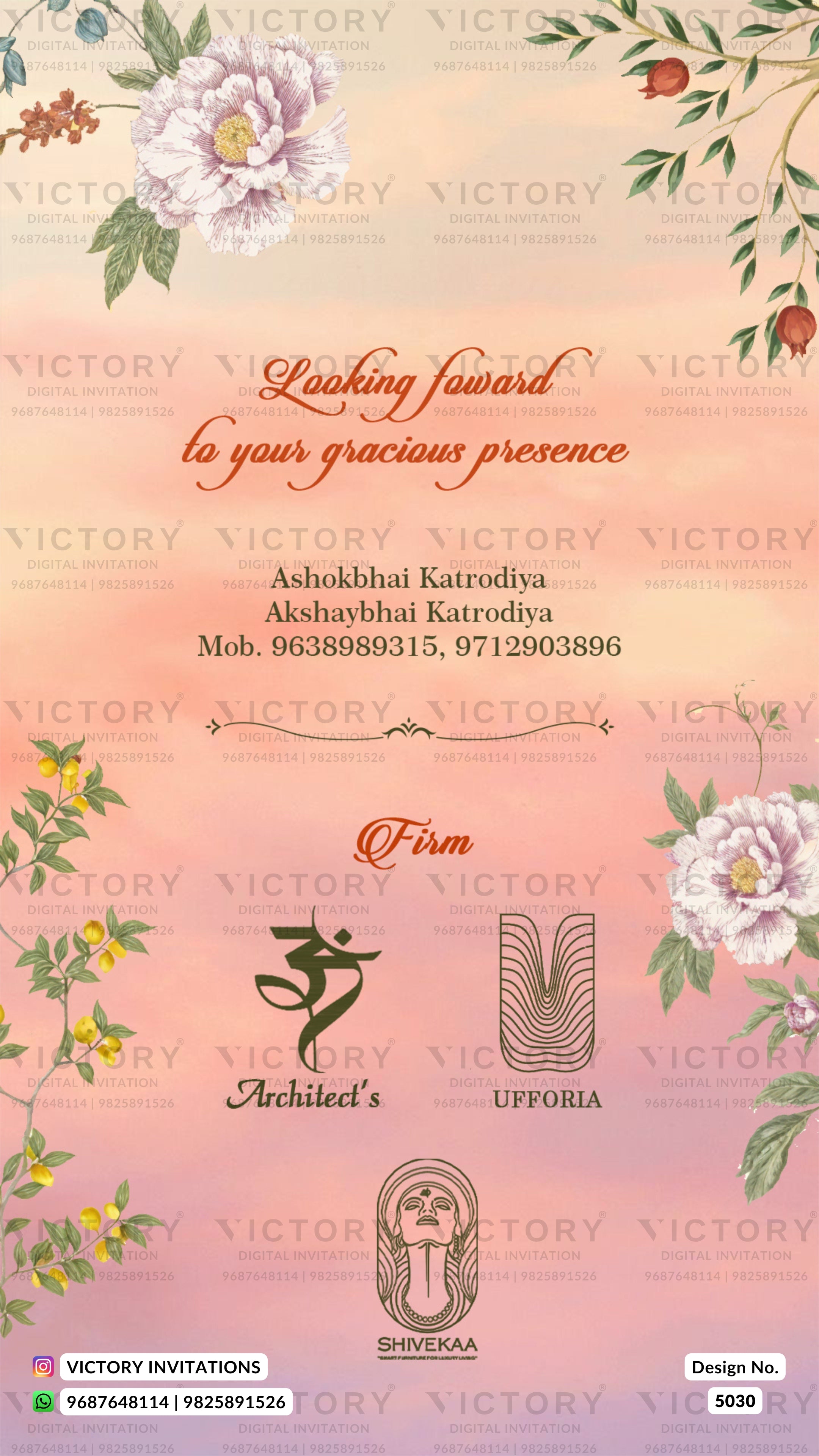 A digital invitation card design for an event, featuring a peach and pink gradient background with watercolor floral illustrations in the corners. The center contains elegant text reading 'Looking forward to your gracious presence' followed by event details, and the logos for 'Architect's FIRM' and 'UPFORIA' are displayed near the bottom.