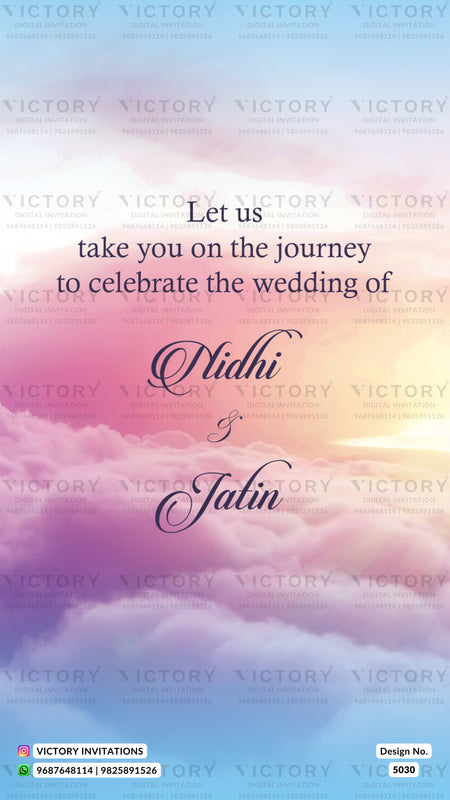 Wedding invitation card design featuring a pastel sky and cloud background with the text 'Let us take you on the journey to celebrate the wedding of Nidhi & Jatin' in elegant script.