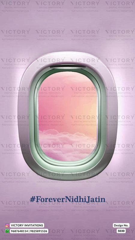 A square invitation design featuring an airplane window view with pink and peach clouds, set against a lavender-purple background with repeated 'VICTORY' watermarks and the text '#ForeverNidhiJatin' at the bottom.