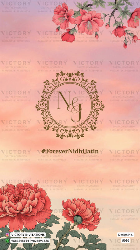 A digital invitation card design featuring a peach and pink gradient background with watercolor red flowers at the top and bottom. A central ornate circular monogram frame displays 'N&J', with the hashtag '#ForeverNidhiJatin' written below.