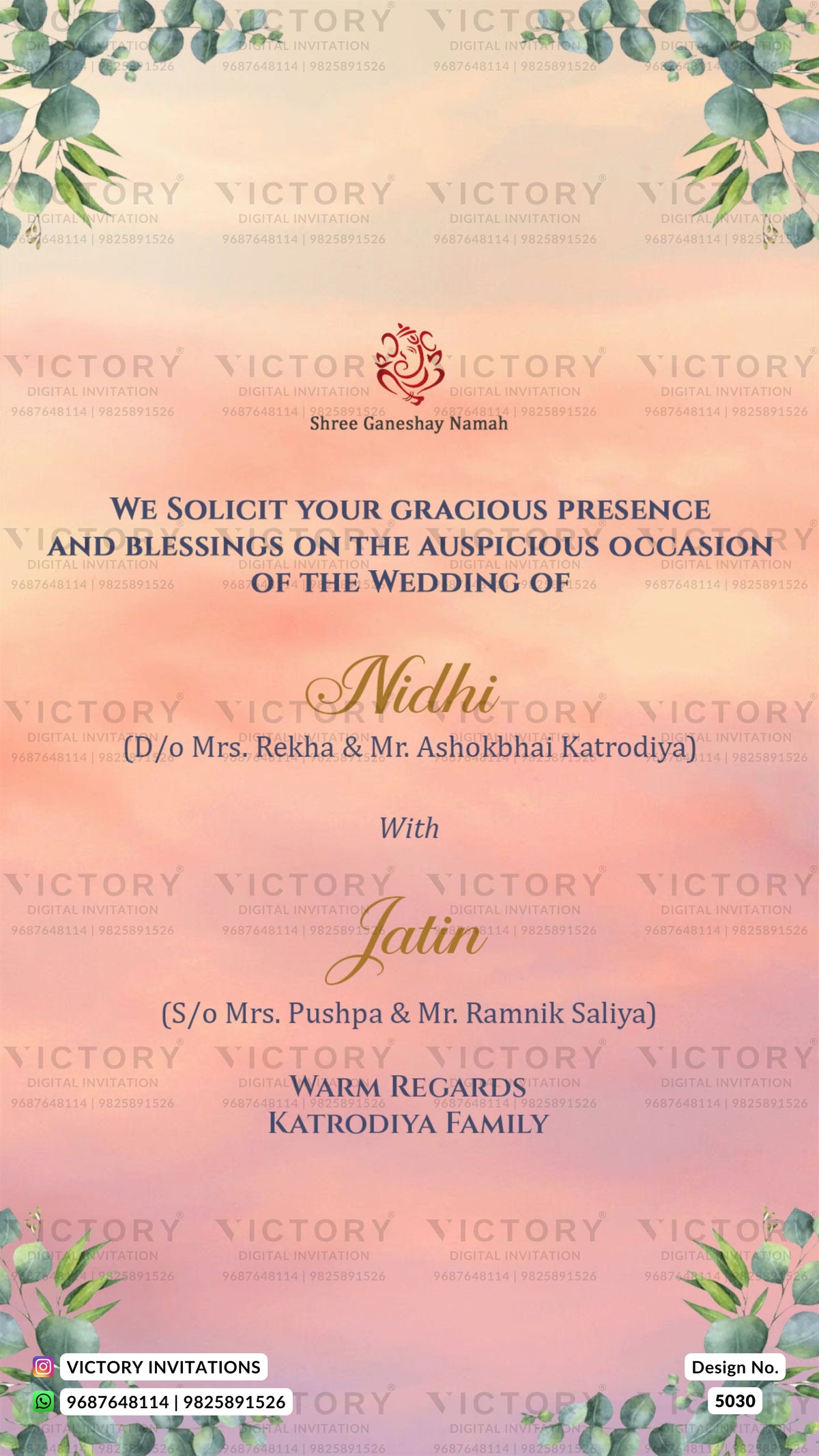 Wedding invitation card design with a pastel pink and peach gradient background, eucalyptus leaf borders at the top and bottom, and elegant gold text announcing the wedding of Nidhi and Latin.