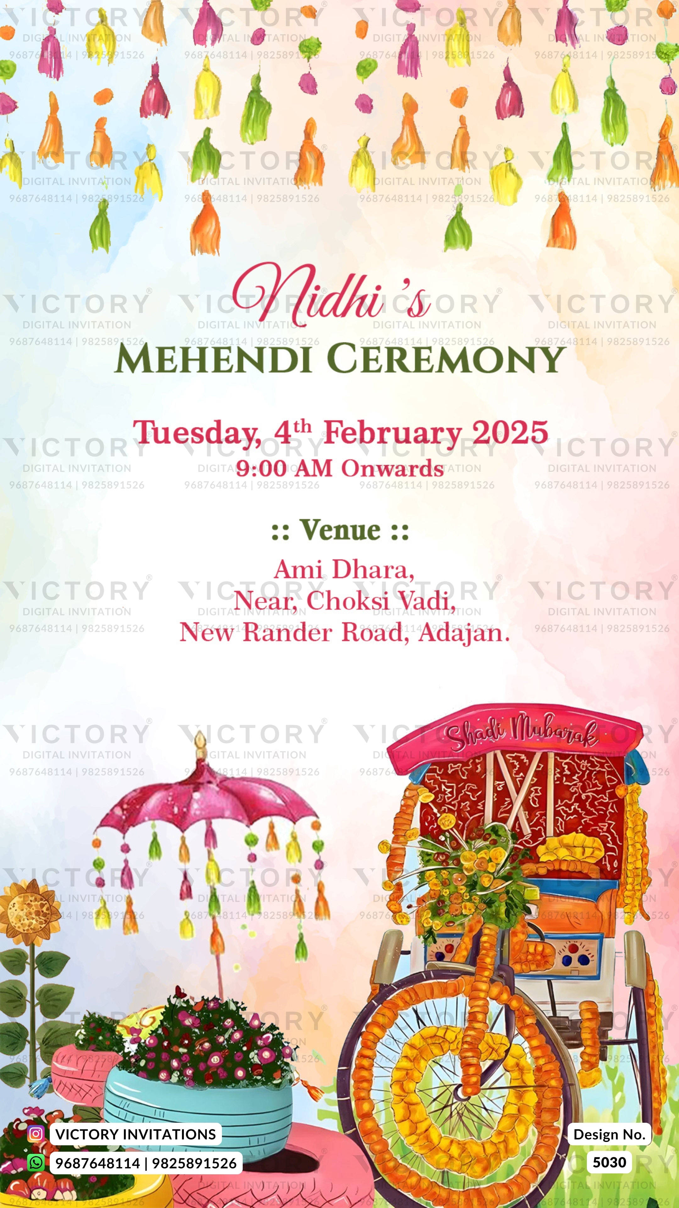 A colorful wedding invitation card for 'Nidhi's Mehendi Ceremony' featuring a festive watercolor illustration of a decorated rickshaw, a pink parasol, and hanging decorative tassels at the top. The text details the event date, time, and venue in Hindi and English.