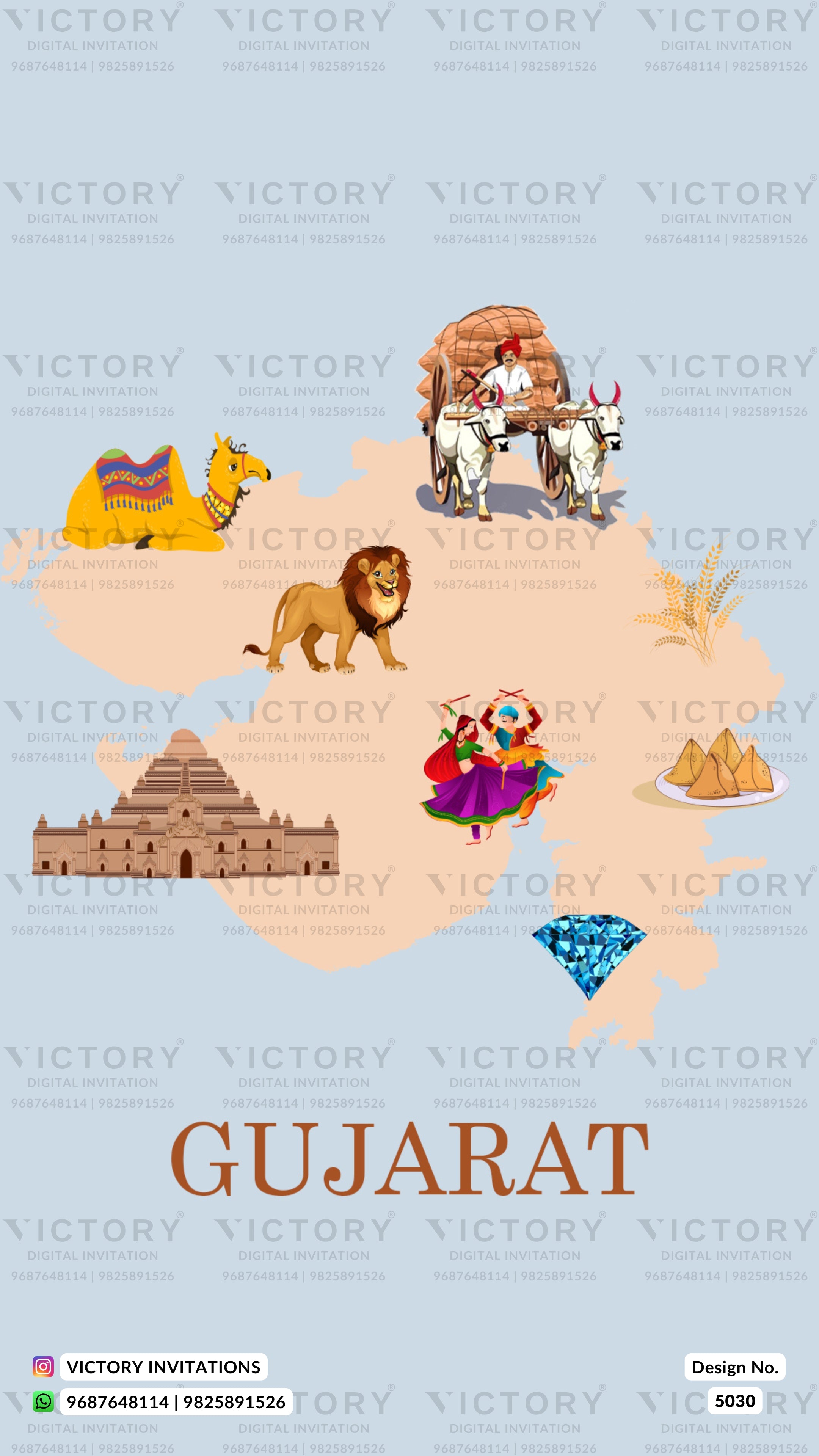 A travel poster of Gujarat featuring a light blue background with a beige map outline. Various iconic landmarks and symbols of Gujarat are illustrated, including the Taj Mahal, a camel, a bullock cart, a lion, a dancer, and a diamond, with the word 'GUJARAT' written in brown text at the bottom.