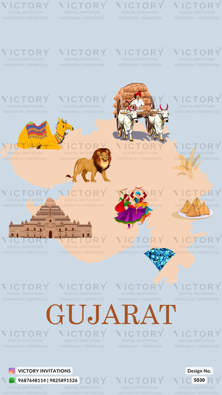 A travel poster of Gujarat featuring a light blue background with a beige map outline. Various iconic landmarks and symbols of Gujarat are illustrated, including the Taj Mahal, a camel, a bullock cart, a lion, a dancer, and a diamond, with the word 'GUJARAT' written in brown text at the bottom.