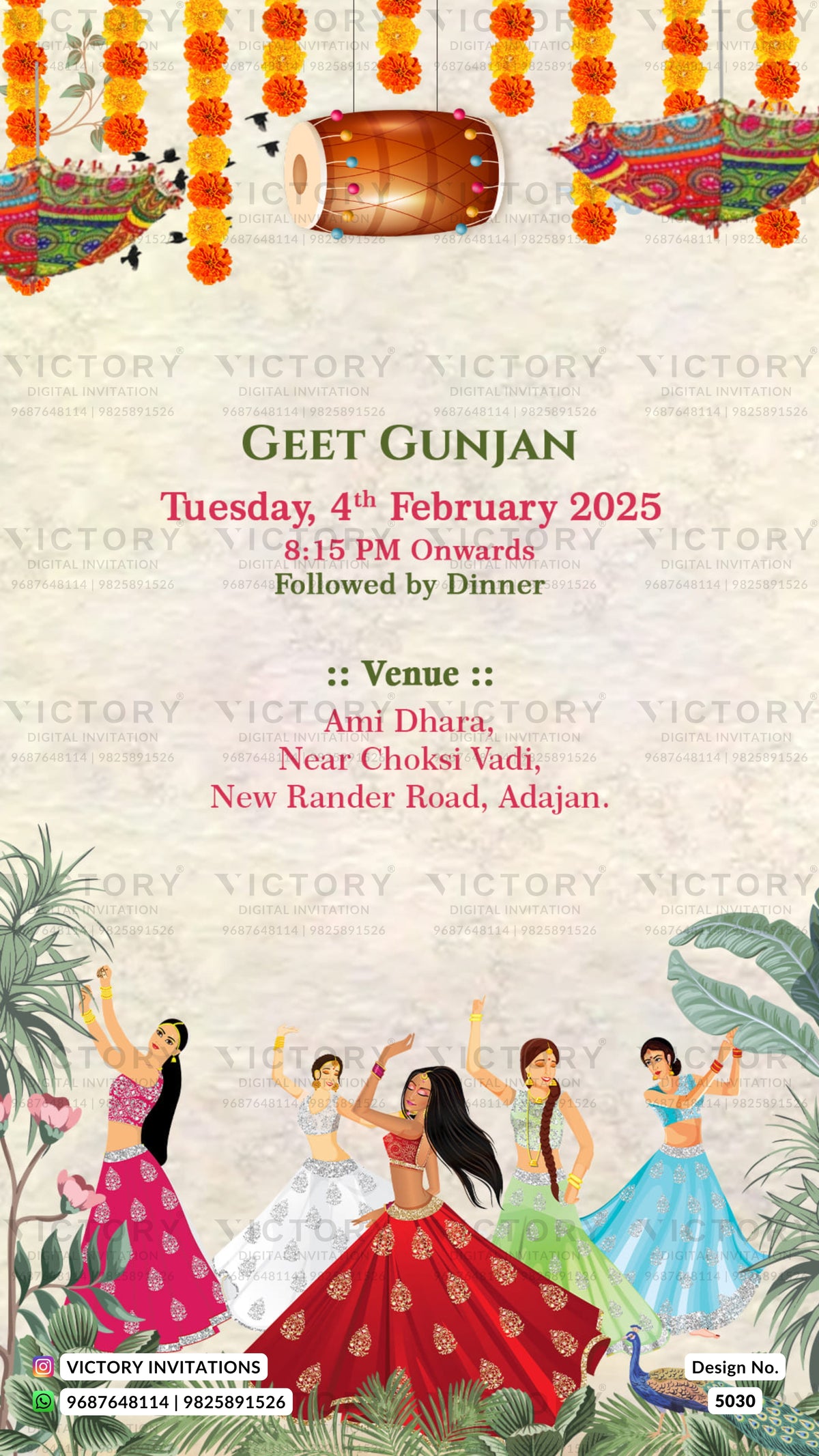 A festive Indian wedding invitation card design with traditional illustrations, including marigold garlands, a dholak drum, boats, and dancing women in colorful attire. The text details the event for Geet Gunjan on Tuesday, 4th February 2025 at 8:15 PM onwards, followed by dinner, at the venue Ani Dhara, New Rander Road, Adajan.