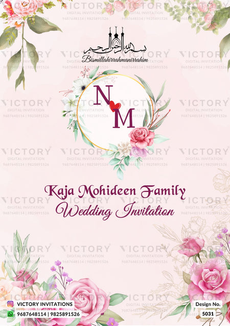 A digital wedding invitation card design for the Kaja Mohideen Family, featuring a light pink background with watercolor floral arrangements in pink and green, a central monogram 'NM' in a circular frame with a red heart at the tip of the 'N', and elegant text.