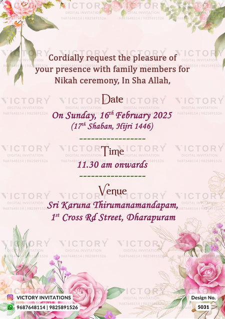 A floral invitation card design for a Nikah ceremony, featuring pink watercolor roses, green leaves, and delicate floral borders on a pale pink background. The text details the date, time, and venue in English, with 'VICTORY INVITATIONS' watermarked across the design.