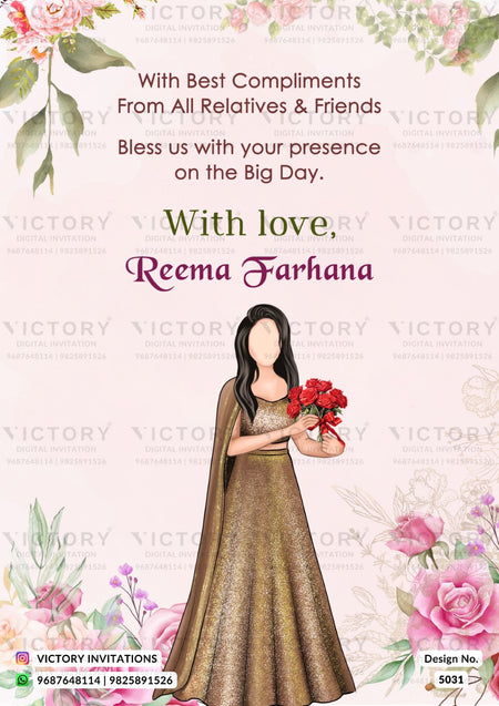 A digital wedding invitation card design featuring a woman in a gold dress holding red roses, surrounded by pink floral illustrations and elegant text on a light pink background with repeated 'VICTORY' watermarks.