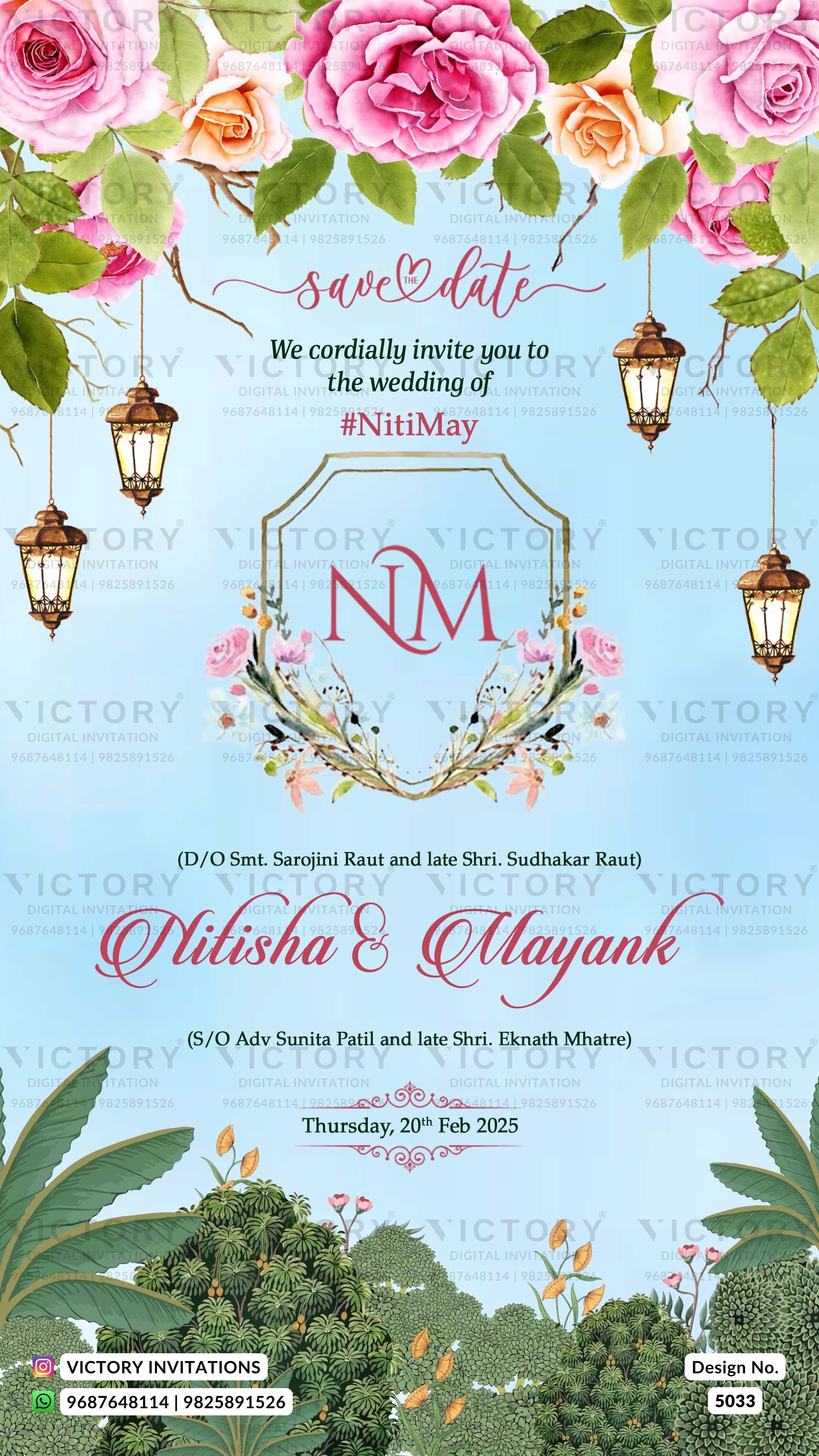 A decorative wedding save-the-date card design with pink roses, hanging lanterns, green foliage, and a central floral frame around the initials 'NM'. Text reads 'We cordially invite you to the wedding of NitiMay' and includes event details for Nlitisha & Mayank, with repeated 'VICTORY' watermarks across the card.