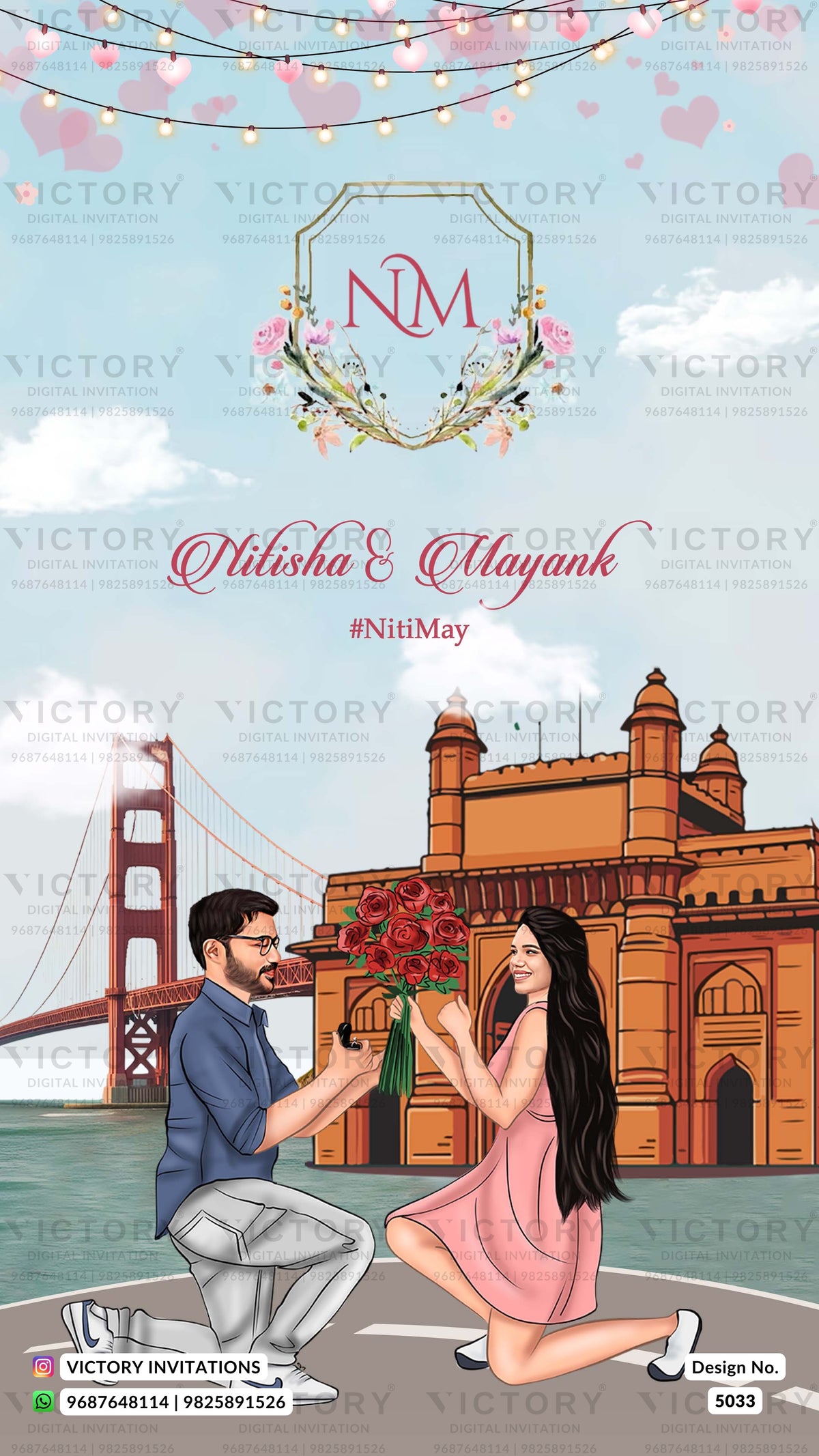 A digital invitation card design featuring a cartoon illustration of a man proposing to a woman in front of the India Gate and Golden Gate Bridge in San Francisco, with a floral 'NM' monogram and the names 'Nitisha & Mayank'.