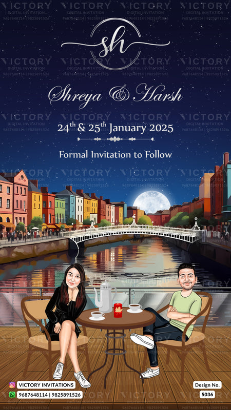 Customizable digital wedding formal invitation card featuring a cartoon illustration of a couple sitting at a cafe next to a river with colorful buildings and a full moon in the background. The top portion has white text reading 'Shreya & Harsh', '24th & 25th January 2025', and 'Formal Invitation to Follow' on a dark starry sky background.
